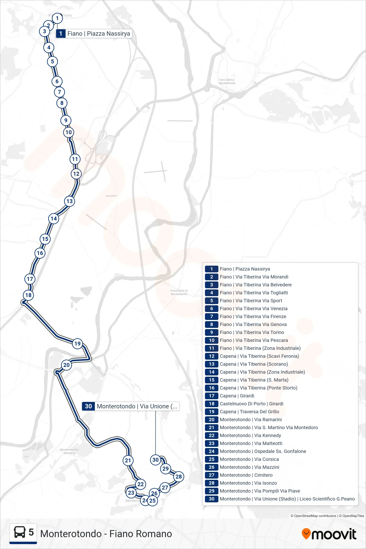 Linea 5 bus (Monterotondo | Via Unione (Stadio) | Liceo Scientifico G.Peano) - Percorsi e fermate sulla mappa