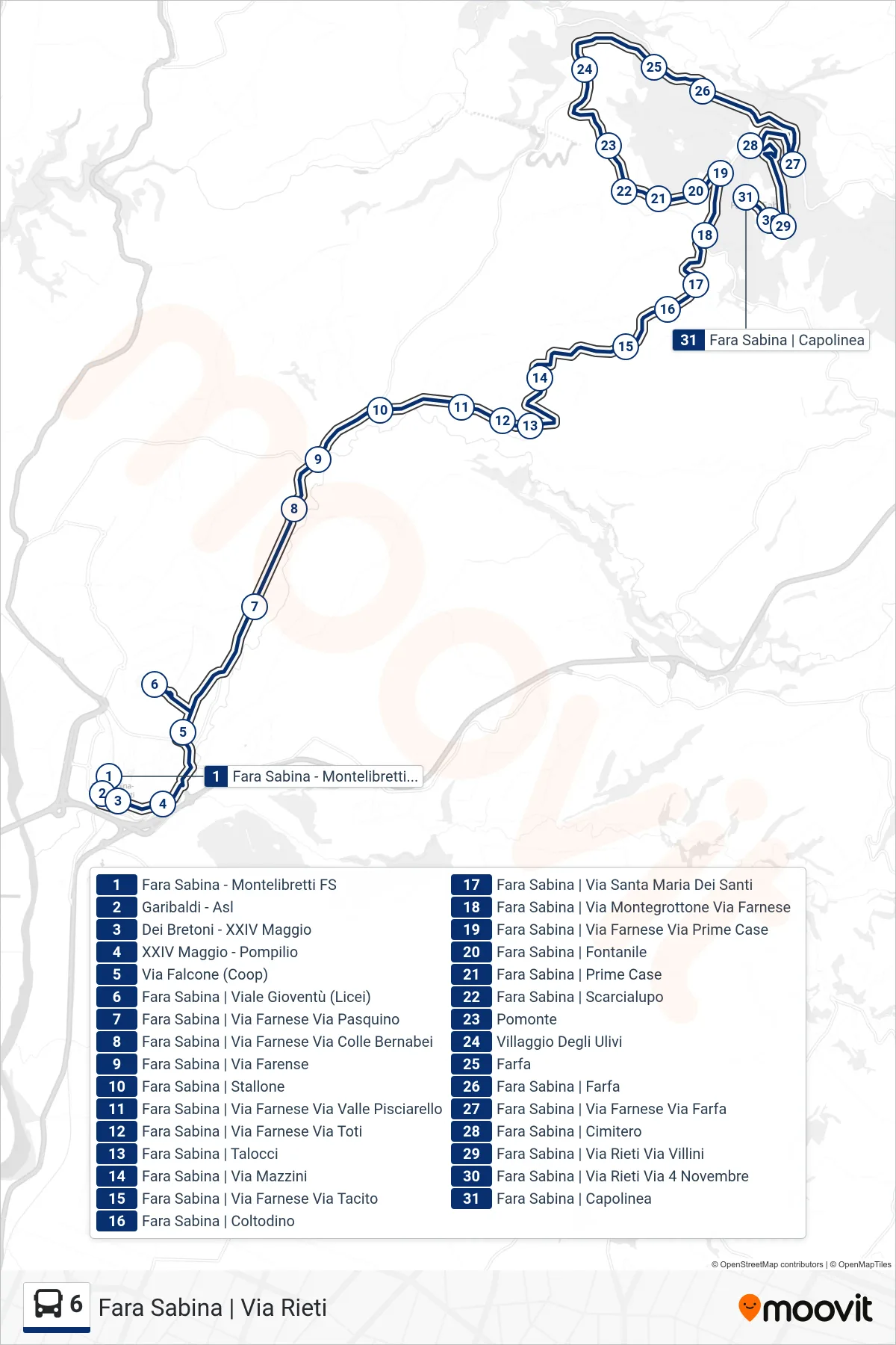 Linea 6 bus (Fara Sabina | Via Rieti) - Percorsi e fermate sulla mappa