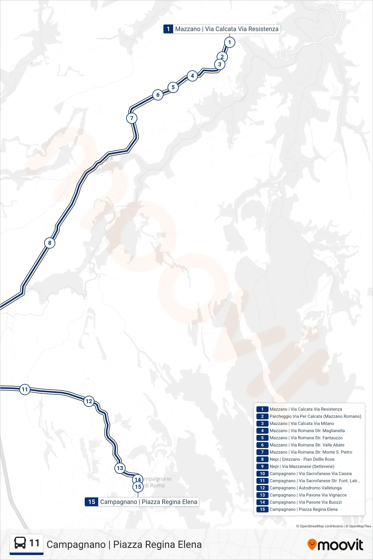 Linea 11 bus (Campagnano | Piazza Regina Elena) - Percorsi e fermate sulla mappa