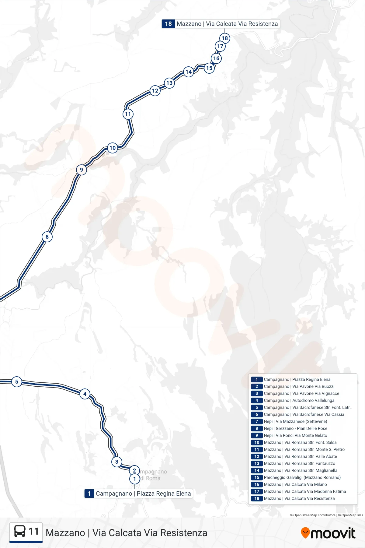 Linea 11  bus (Mazzano | Via Calcata Via Resistenza) - Percorsi e fermate sulla mappa