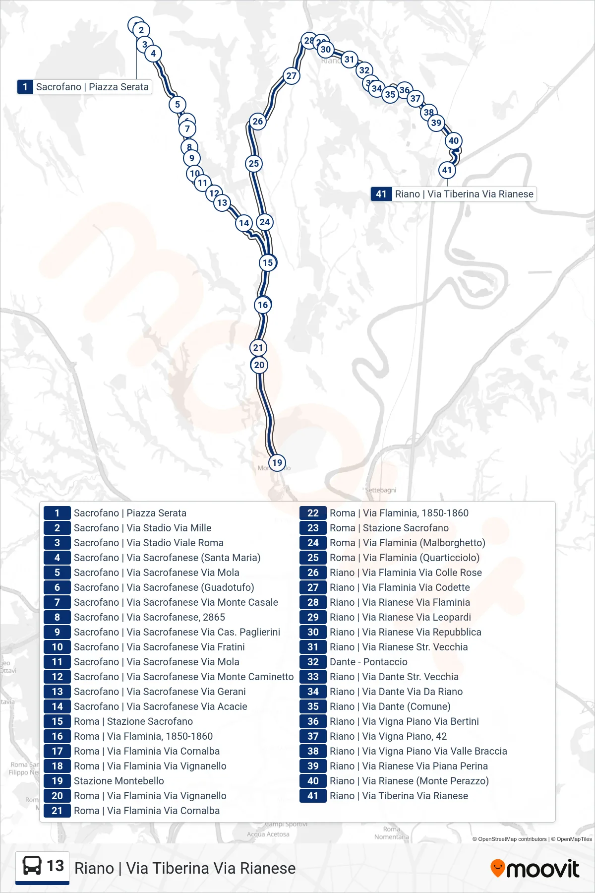 Linea 13 bus (Riano | Via Tiberina Via Rianese) - Percorsi e fermate sulla mappa