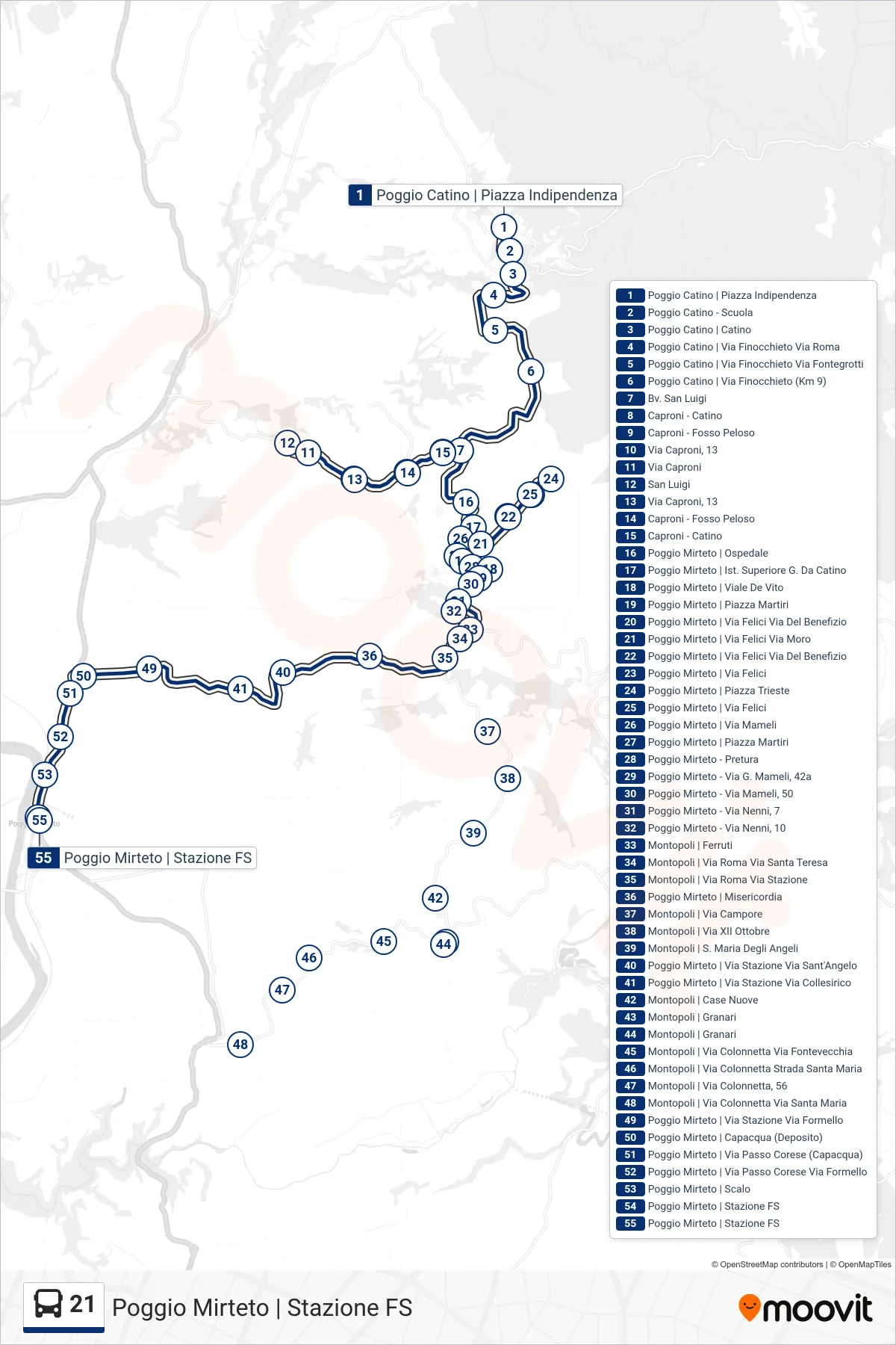 Linea 21 bus (Poggio Mirteto | Stazione FS) - Percorsi e fermate sulla mappa