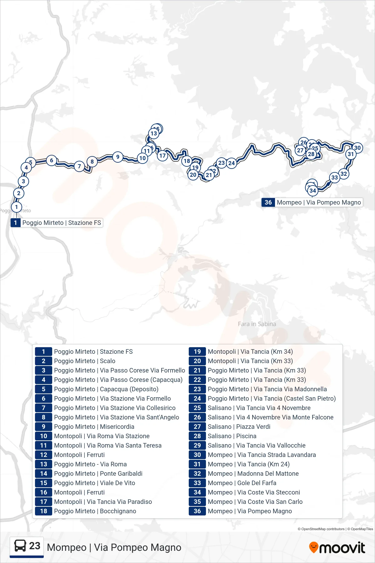 Linea 23 bus (Mompeo | Via Pompeo Magno) - Percorsi e fermate sulla mappa