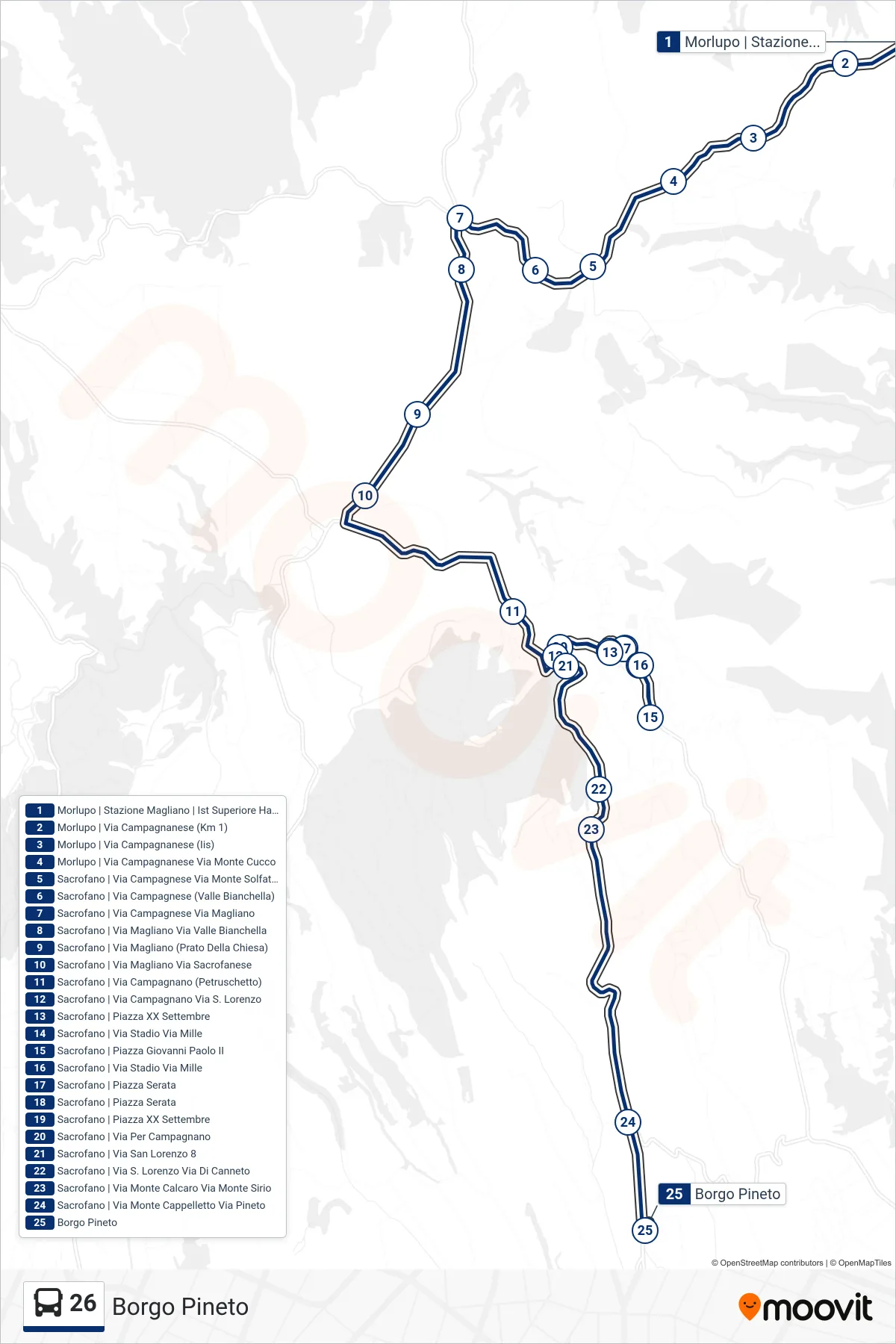 26 bus Line (Borgo Pineto) route and stops on a map