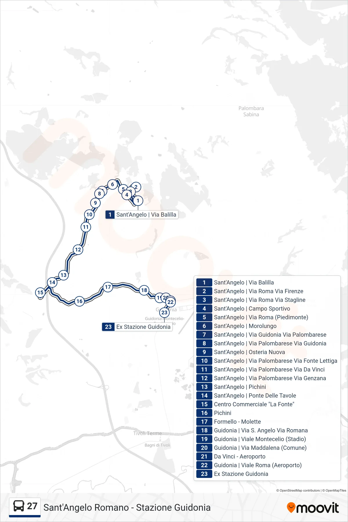Linea 27 bus (Stazione Guidonia) - Percorsi e fermate sulla mappa