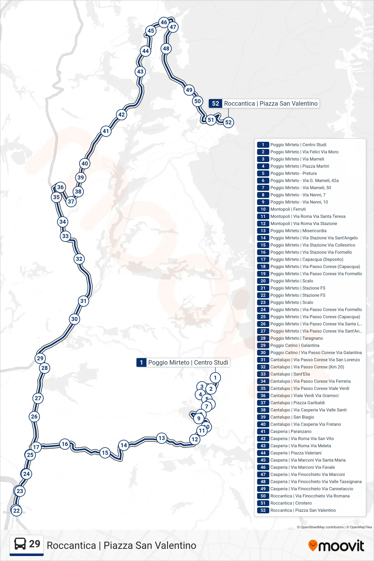 Linea 29 bus (Roccantica | Piazza San Valentino) - Percorsi e fermate sulla mappa