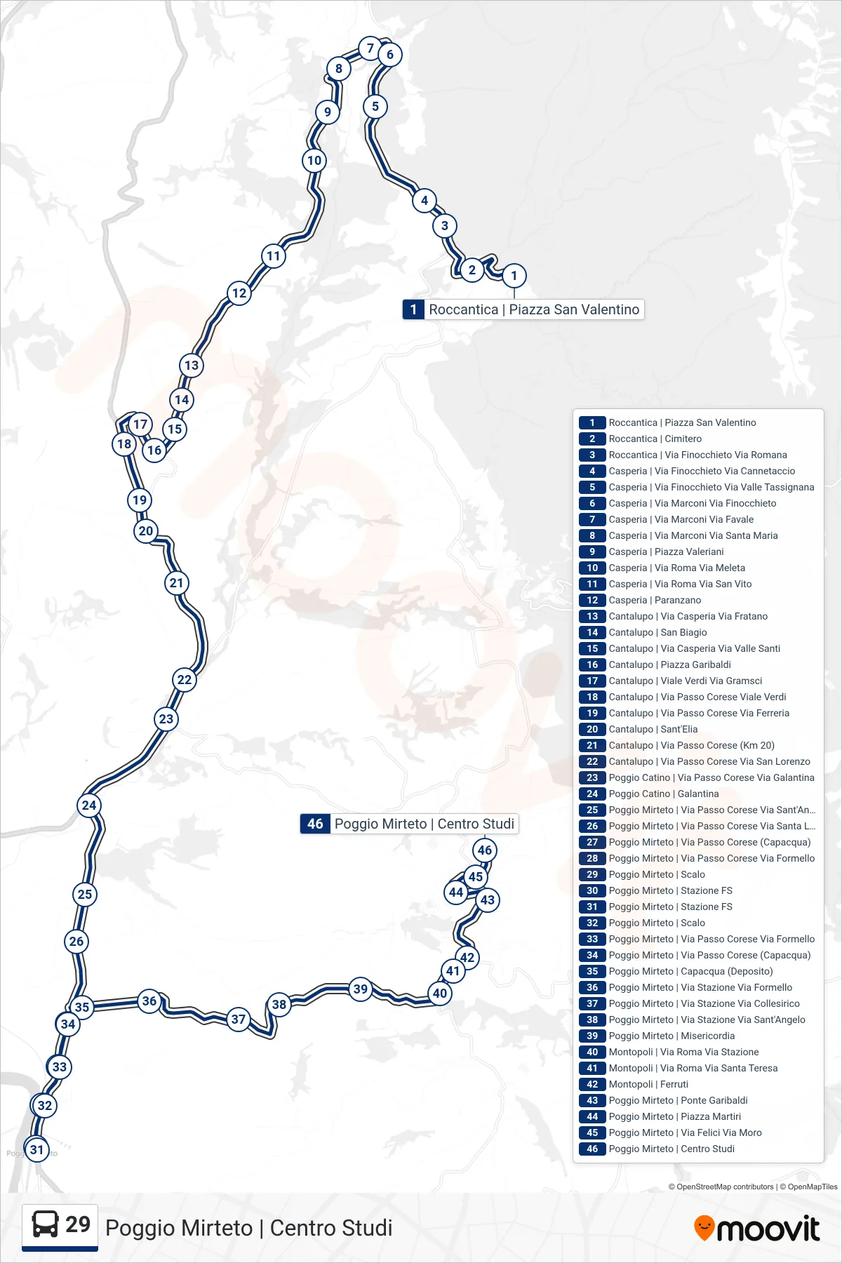 Linea 29 bus (Poggio Mirteto | Centro Studi) - Percorsi e fermate sulla mappa