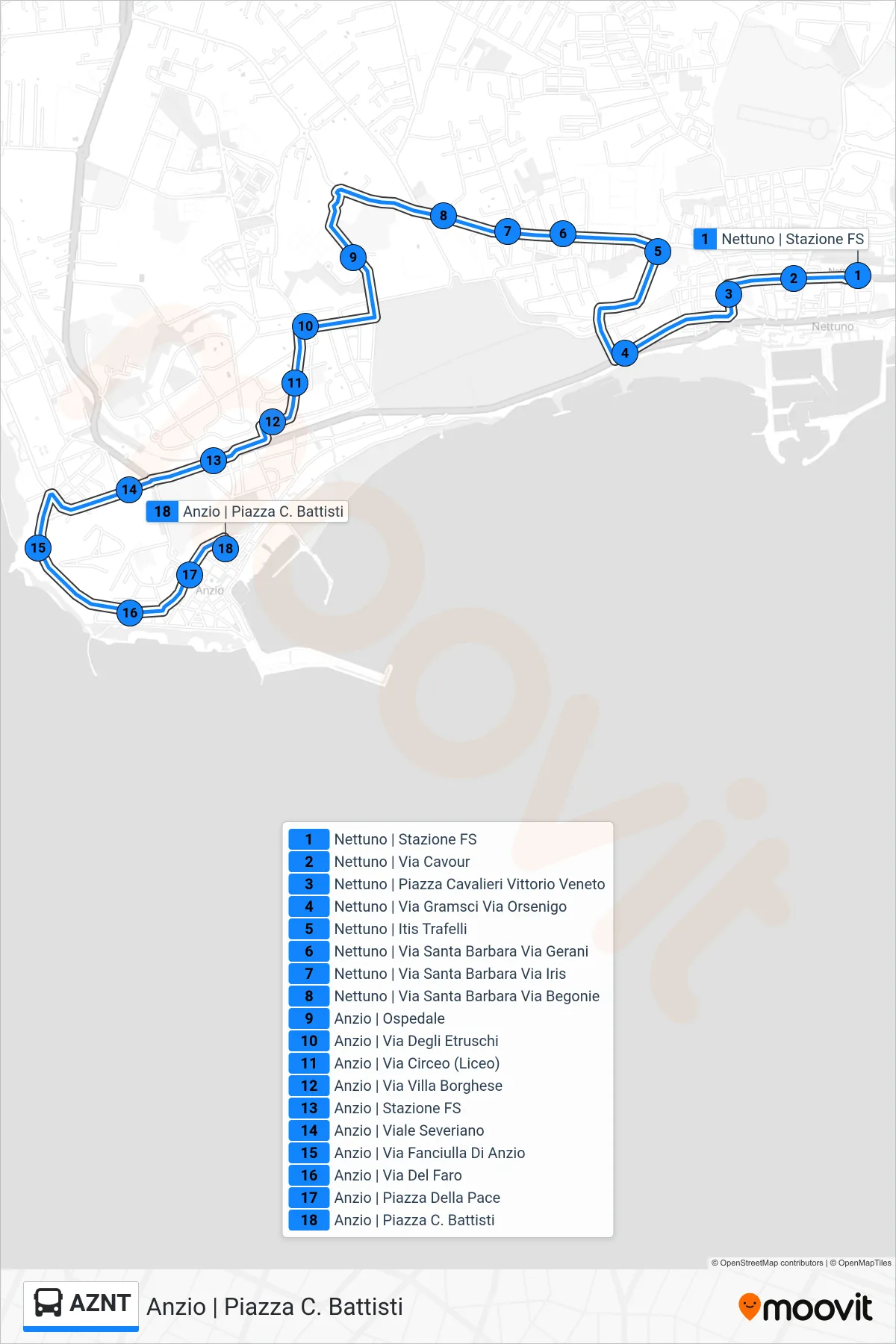 Linea AZNT  bus (Anzio | Piazza C. Battisti) - Percorsi e fermate sulla mappa