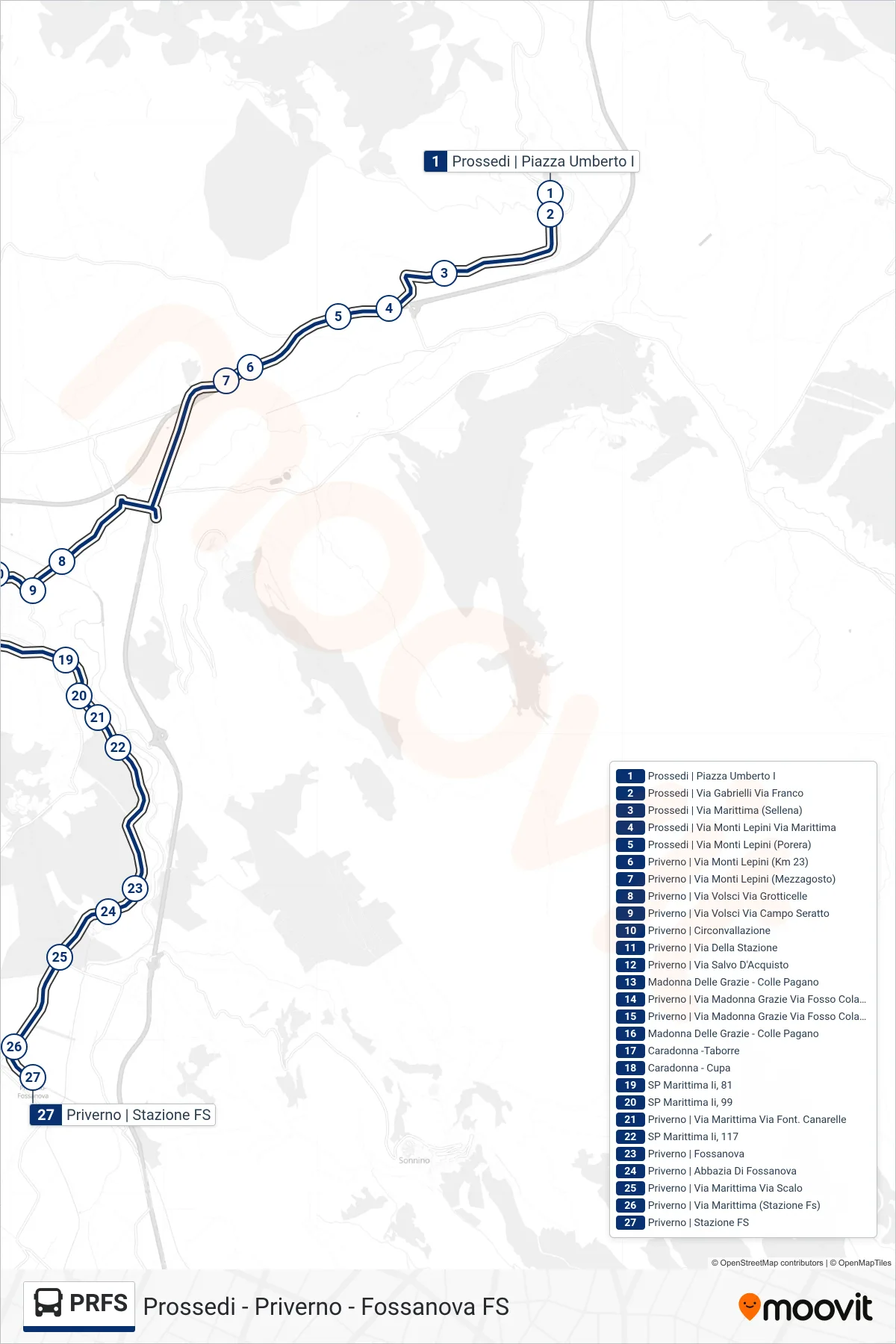Linea PRFS bus (Stazione Fossanova) - Percorsi e fermate sulla mappa