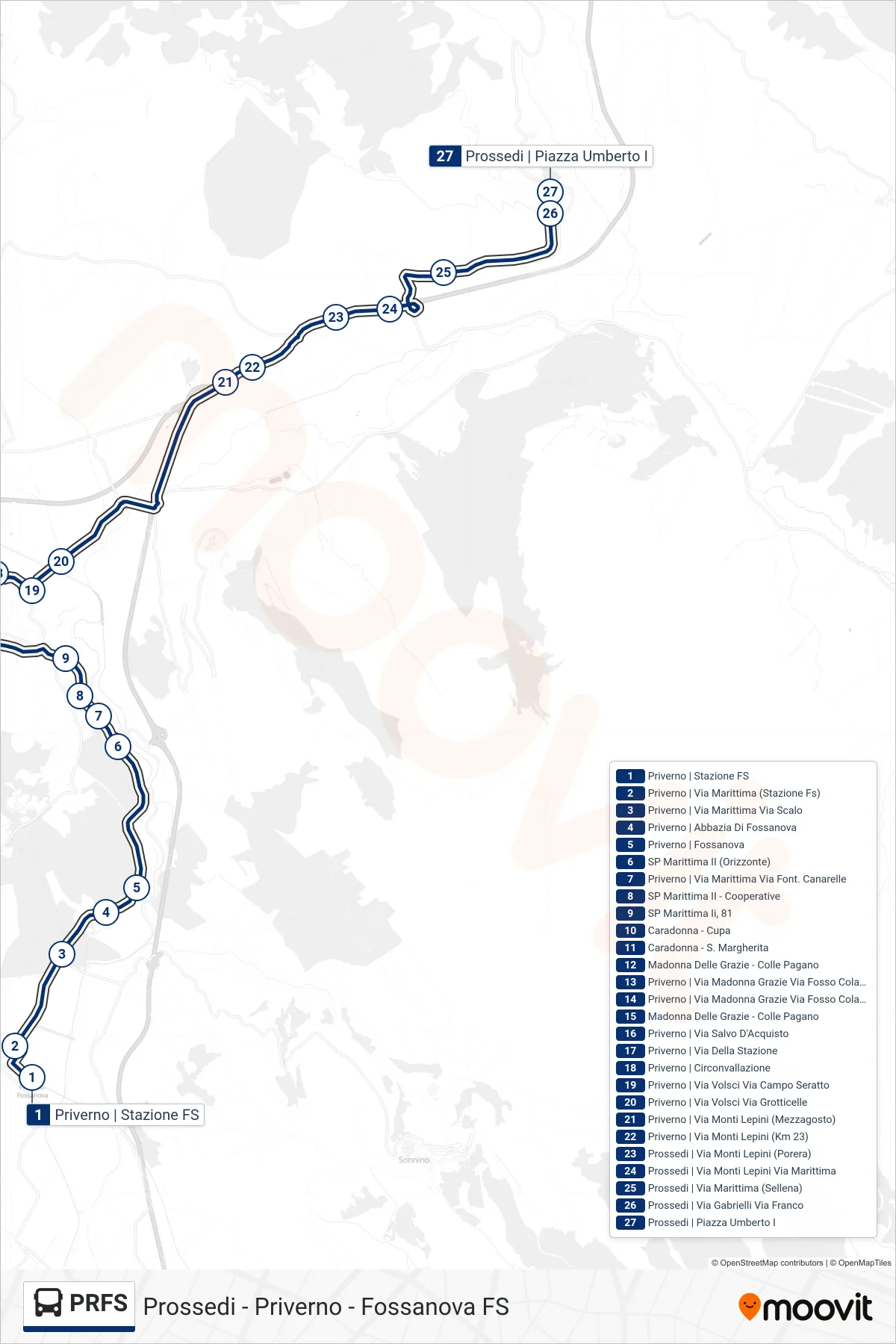 Linea PRFS bus (Prossedi | Piazza Umberto I) - Percorsi e fermate sulla mappa