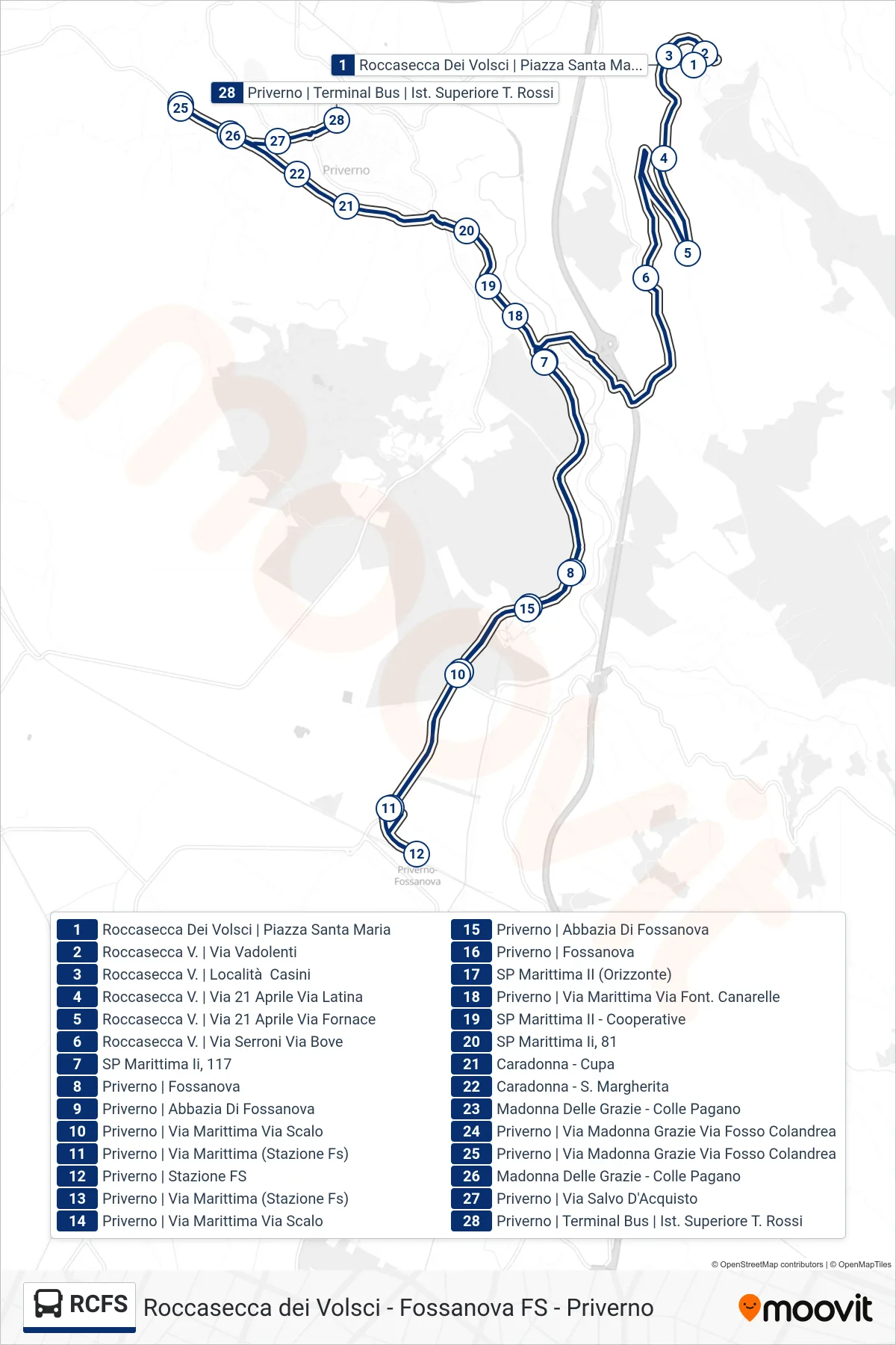 Linea RCFS bus (Priverno | Terminal Bus | Ist. Superiore T. Rossi) - Percorsi e fermate sulla mappa