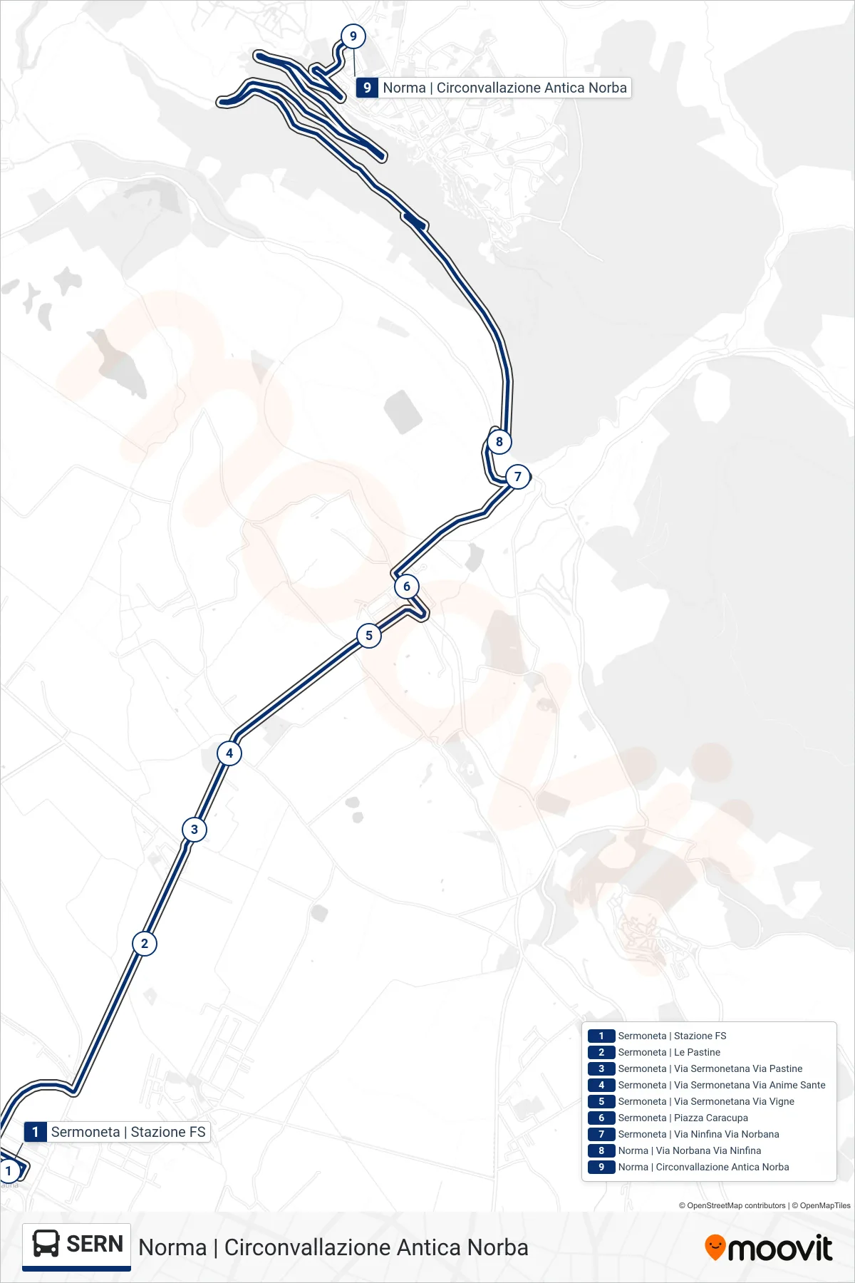 Linea SERN bus (Norma | Circonvallazione Antica Norba) - Percorsi e fermate sulla mappa