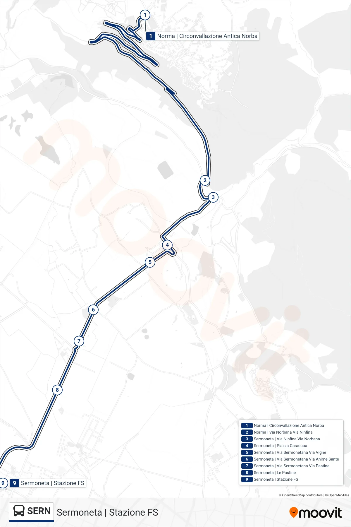 Linea SERN bus (Sermoneta | Stazione FS) - Percorsi e fermate sulla mappa