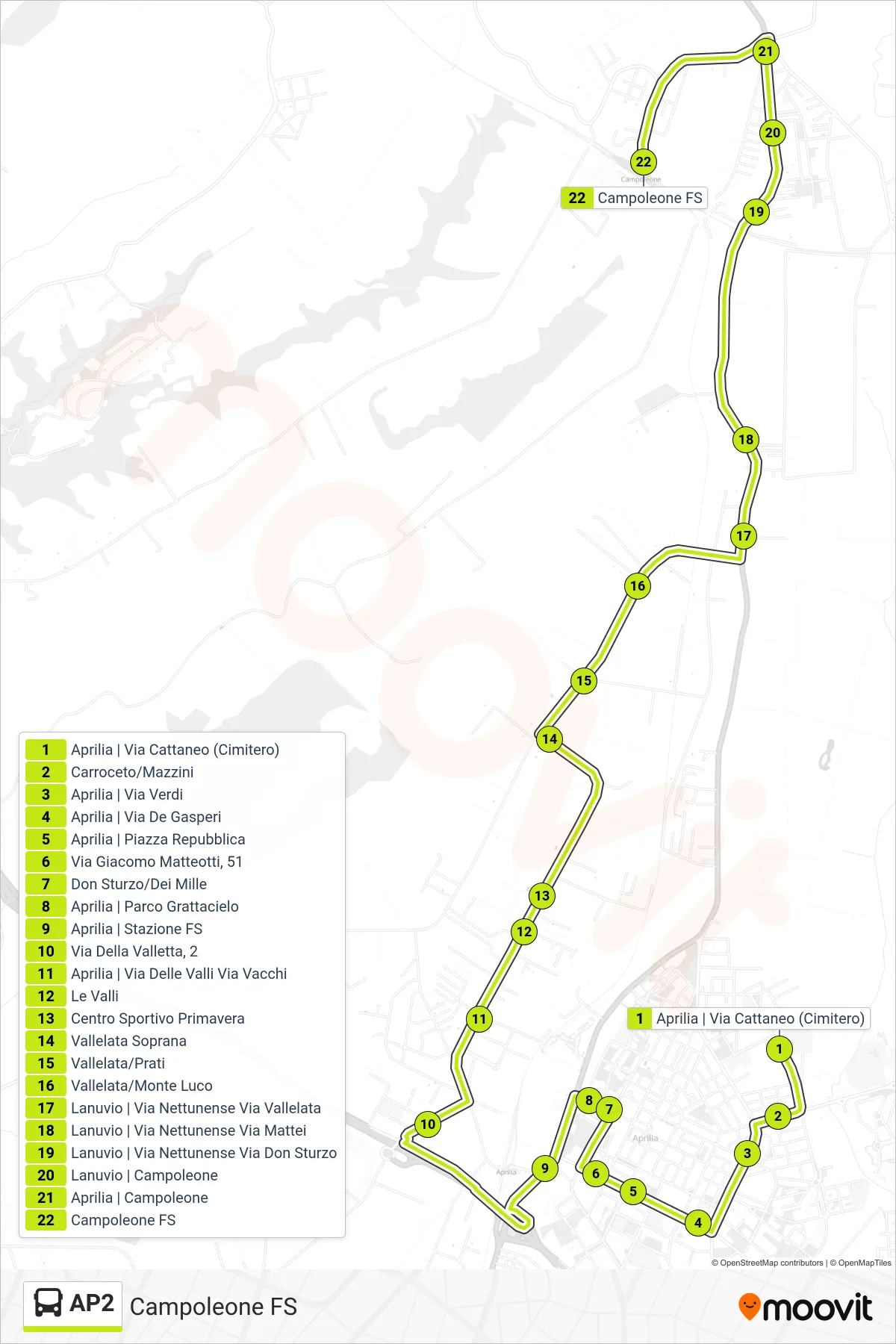 Linea AP2 bus (Campoleone FS) - Percorsi e fermate sulla mappa