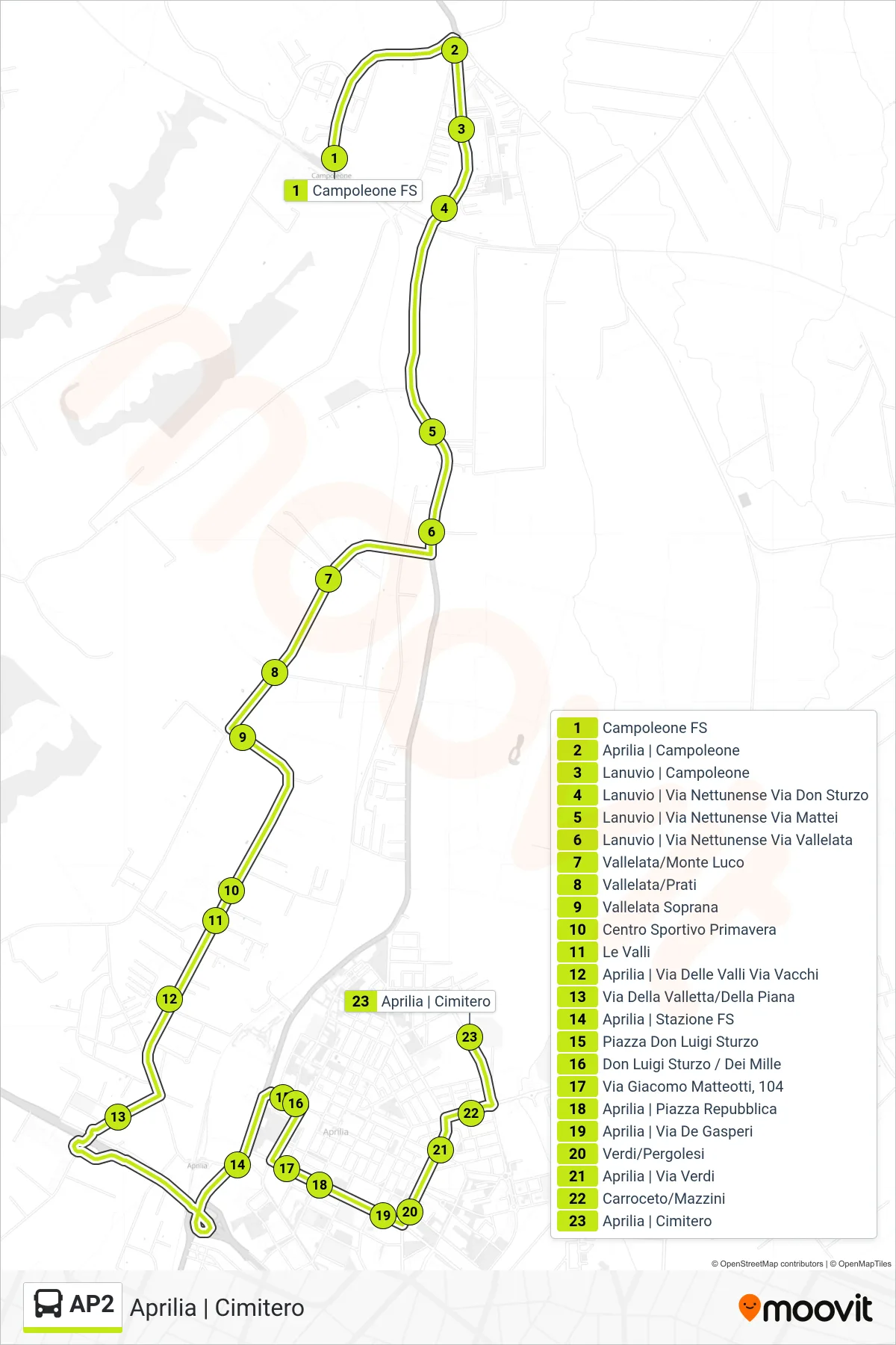 Linea AP2 bus (Aprilia | Cimitero) - Percorsi e fermate sulla mappa