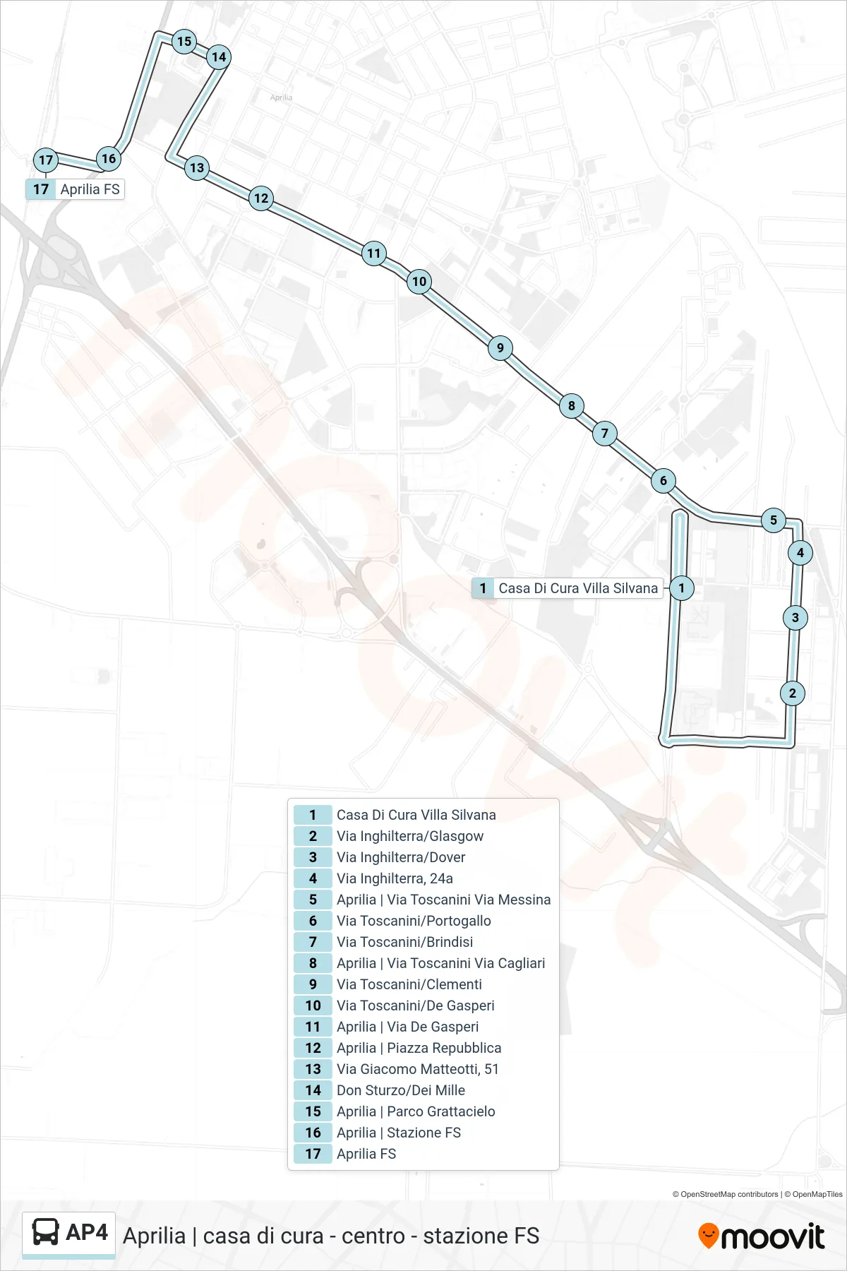 Linea AP4 bus (Aprilia | Stazione FS) - Percorsi e fermate sulla mappa