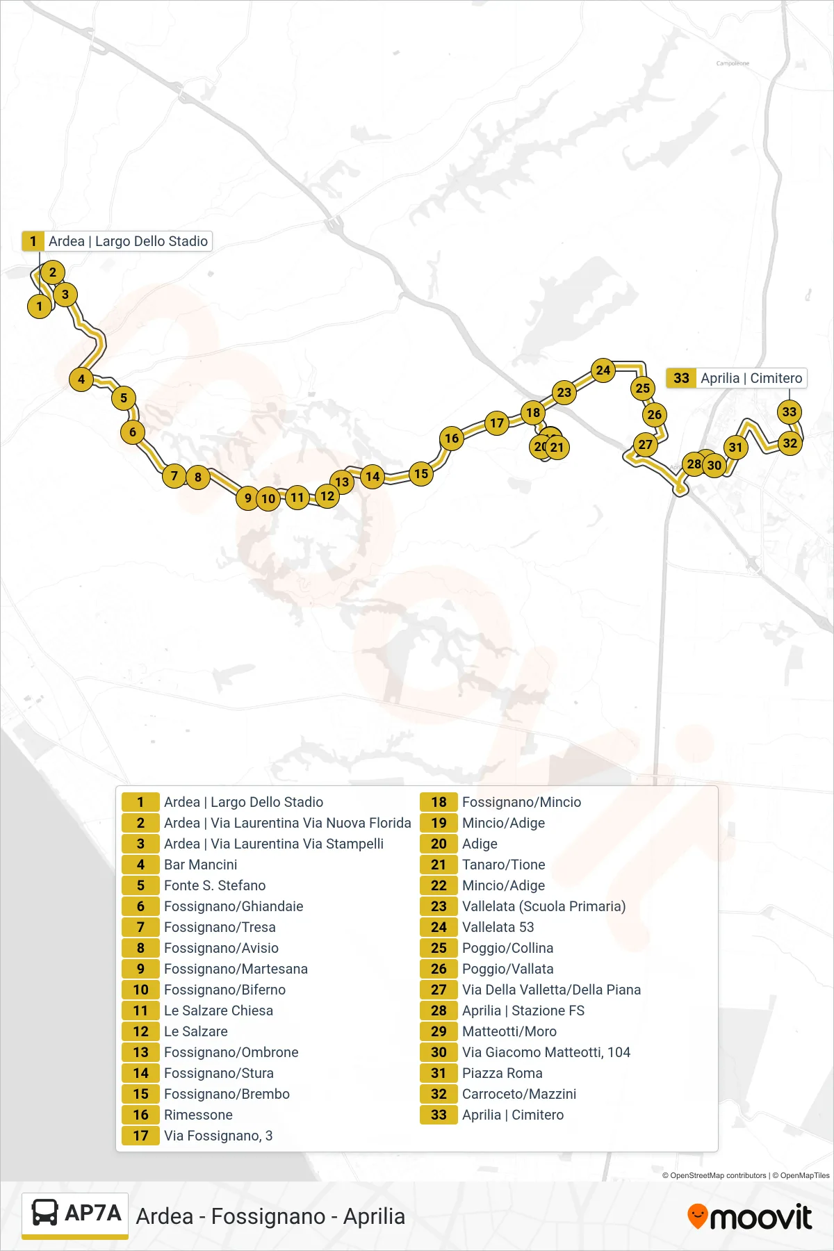 Linea AP7A bus (Aprilia | Cimitero) - Percorsi e fermate sulla mappa