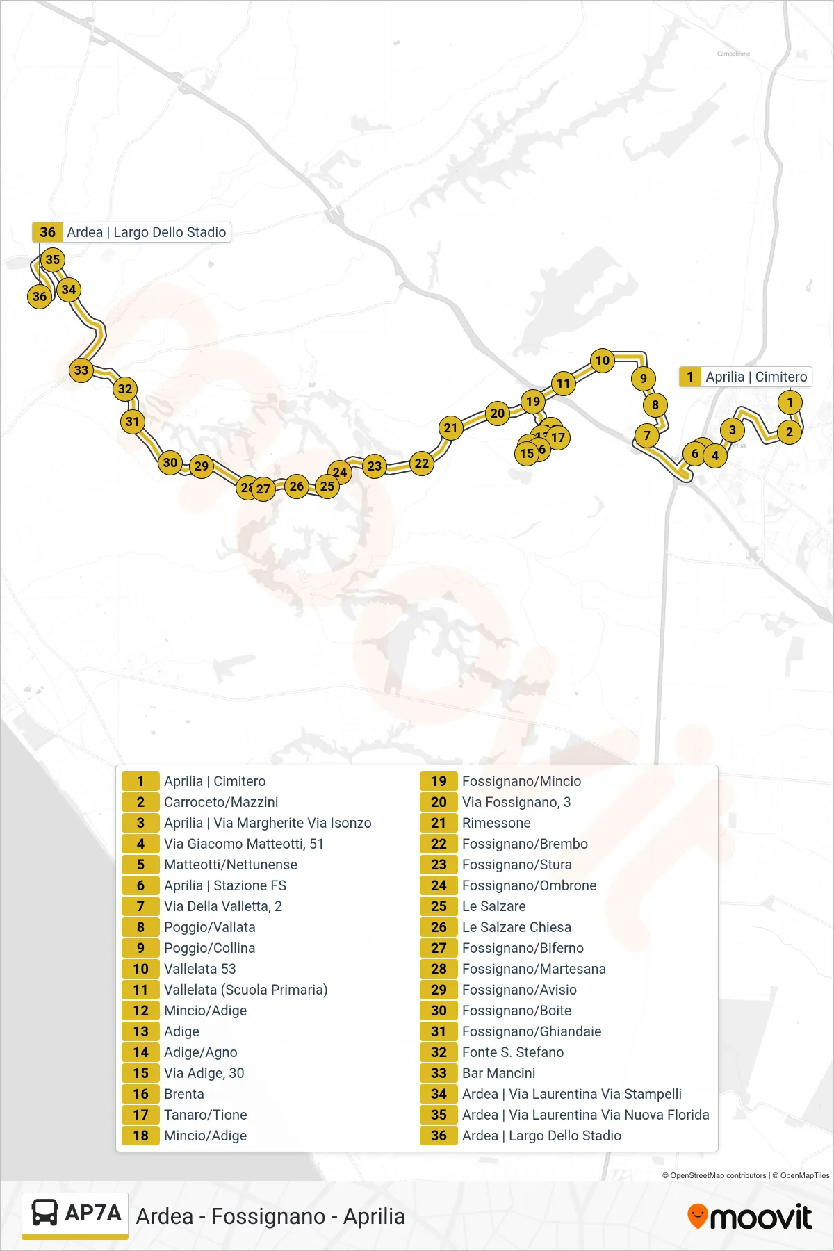 Linea AP7A  bus (Ardea | Largo dello Stadio) - Percorsi e fermate sulla mappa