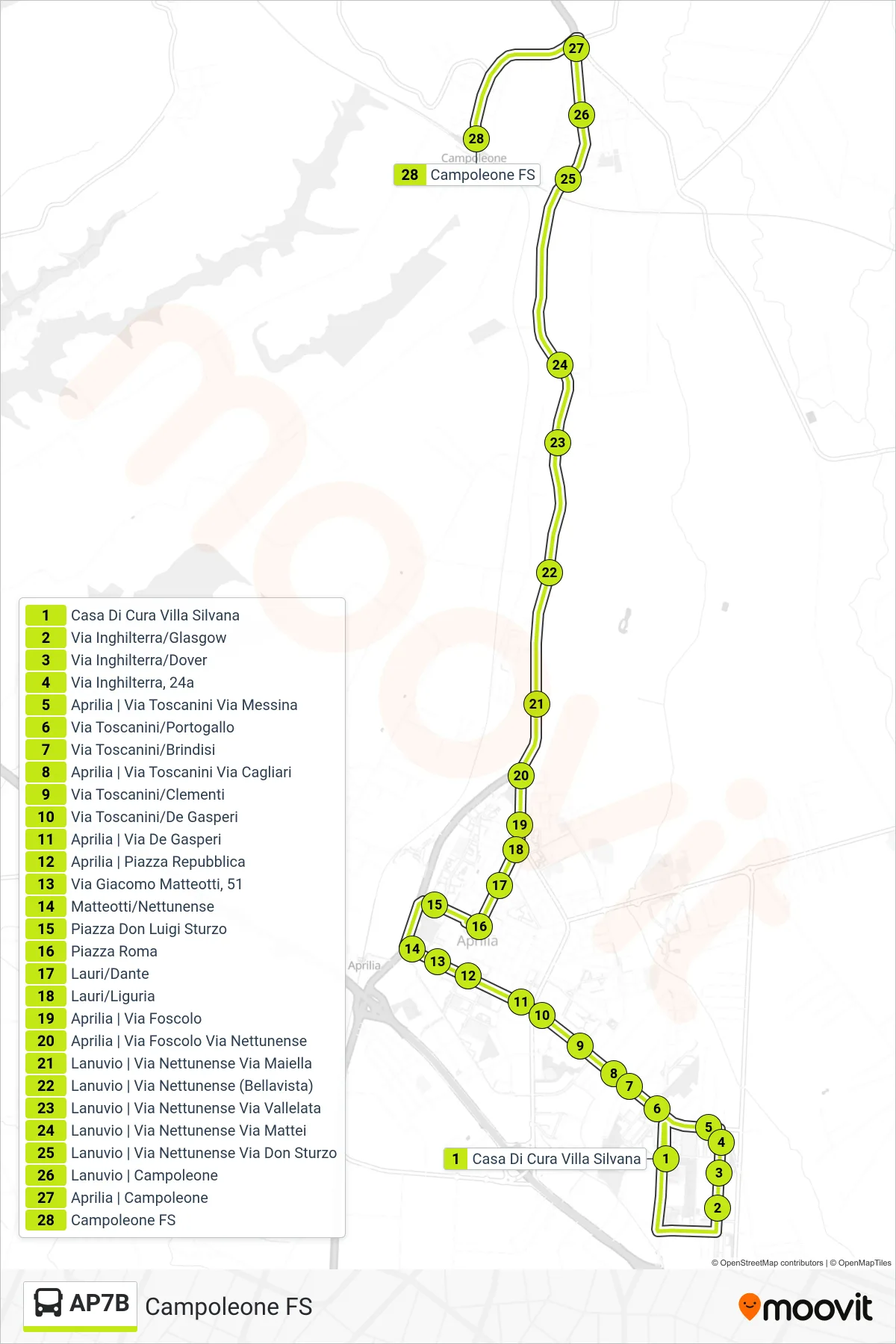Linea AP7B  bus (Campoleone FS) - Percorsi e fermate sulla mappa