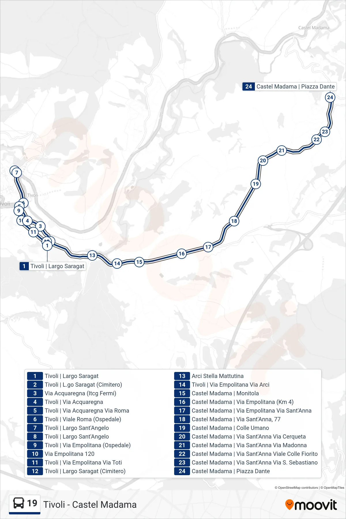 Linea 19  bus (Castel Madama | Piazza Dante) - Percorsi e fermate sulla mappa