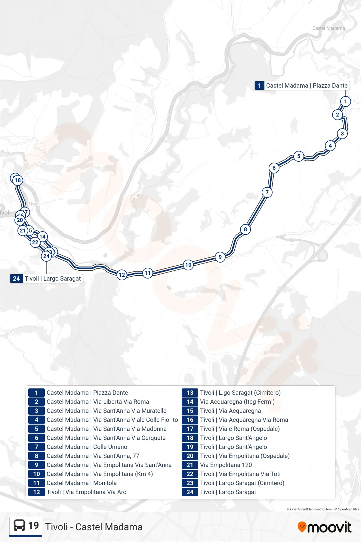 Linea 19 bus (Tivoli | Largo Saragat) - Percorsi e fermate sulla mappa