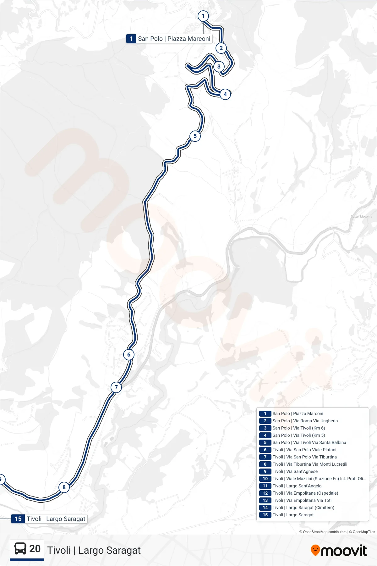 Linea 20  bus (Tivoli | Largo Saragat) - Percorsi e fermate sulla mappa