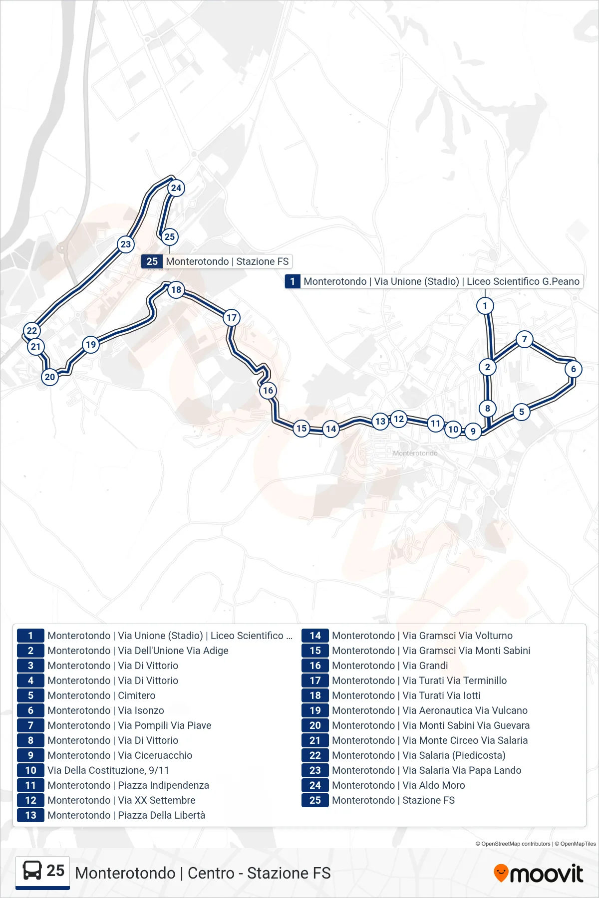 Linea 25 bus (Monterotondo | Stazione FS) - Percorsi e fermate sulla mappa