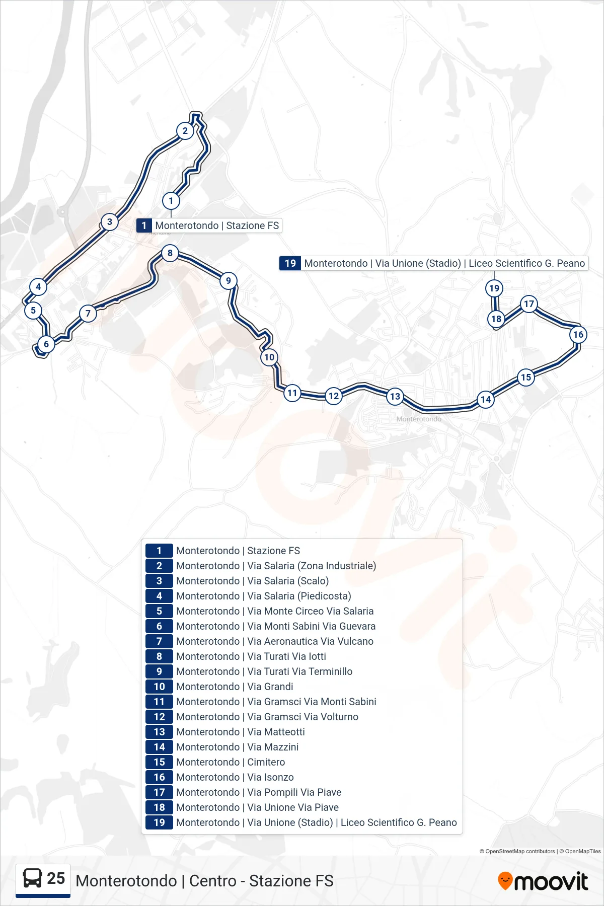 25 bus Line (Monterotondo Via Unione (Stadium) G.Peano Scientific High School) route and stops on a map