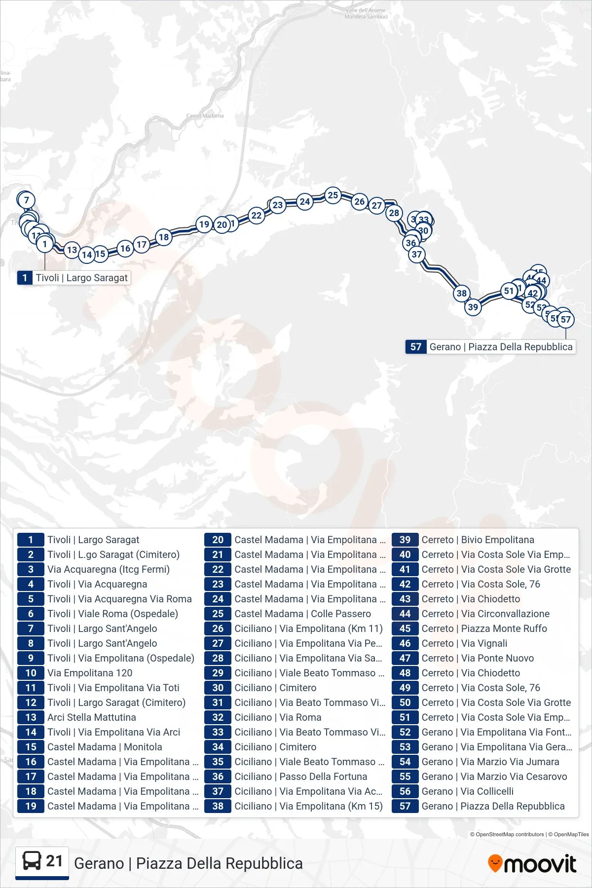 Linea 21 bus (Gerano | Piazza Della Repubblica) - Percorsi e fermate sulla mappa