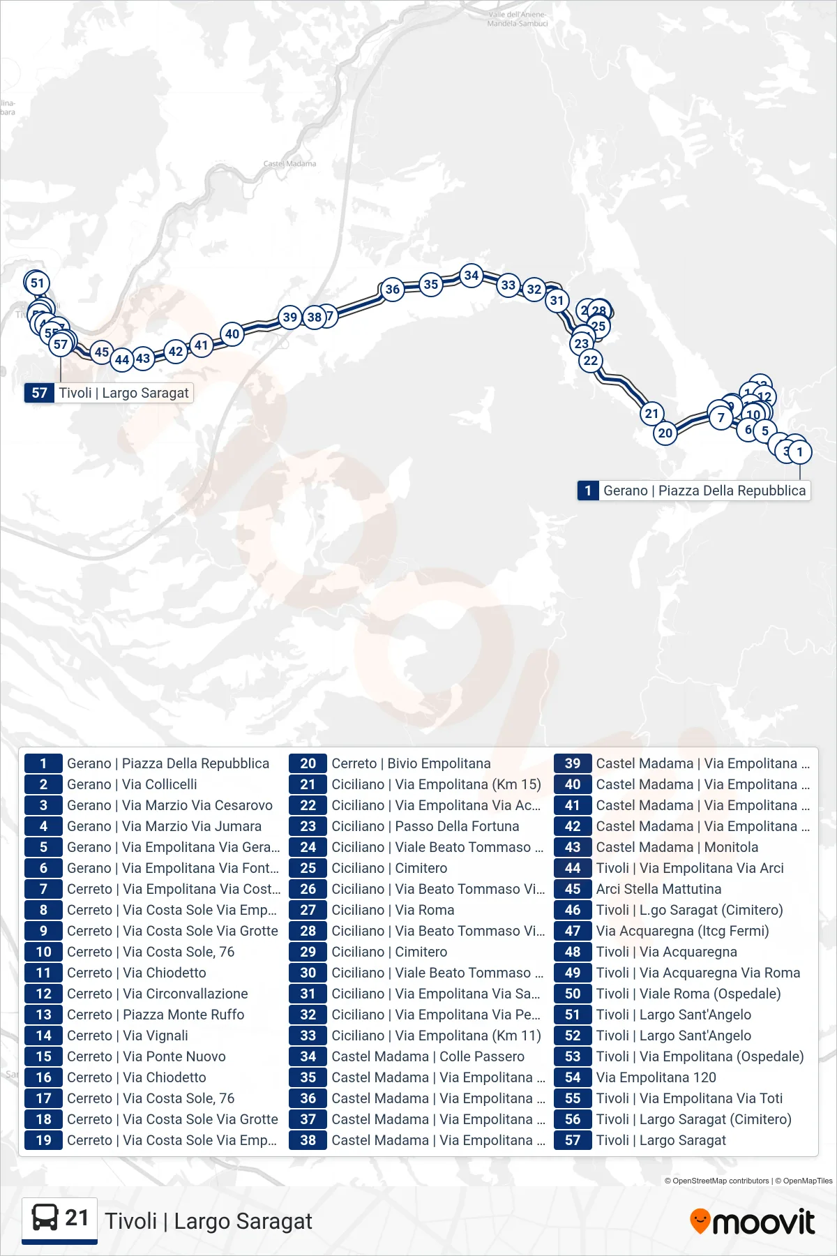 Linea 21 bus (Tivoli | Largo Saragat) - Percorsi e fermate sulla mappa