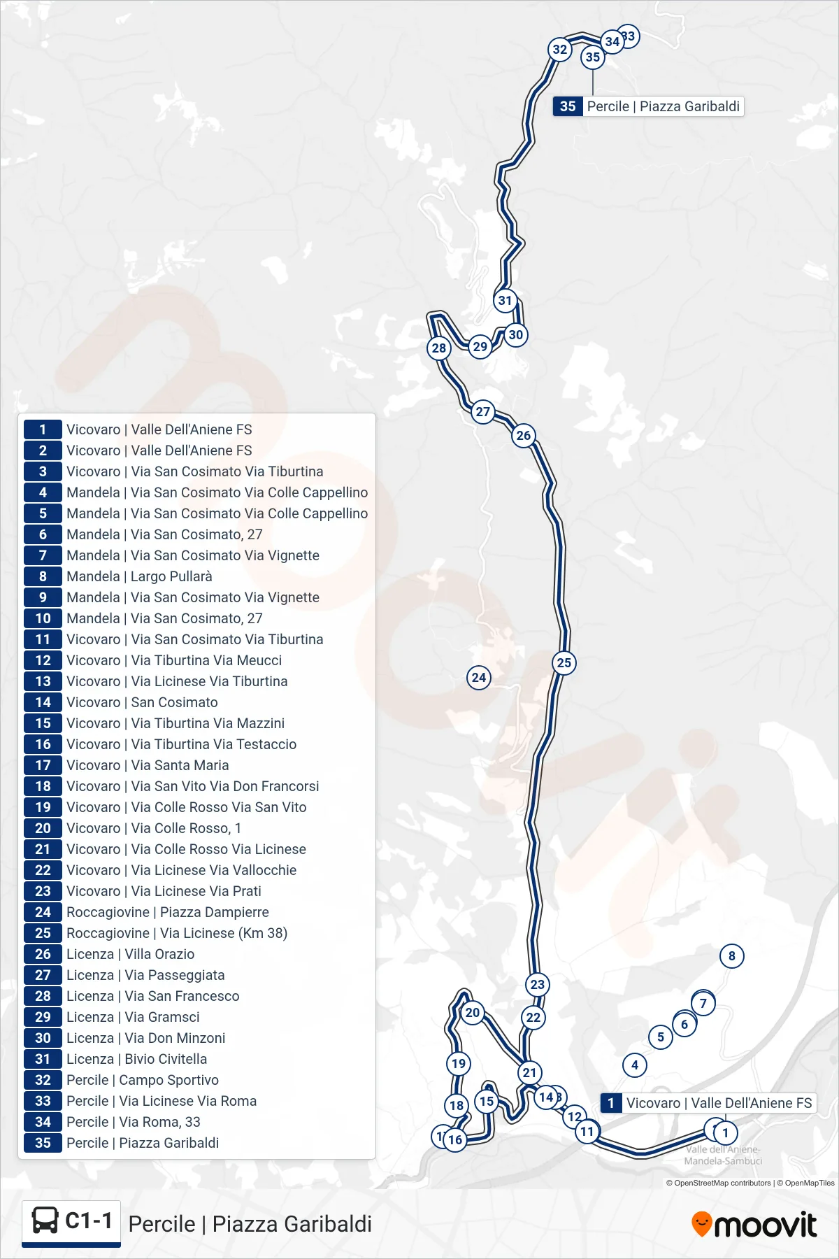 Linea C1-1  bus (Percile | Piazza Garibaldi) - Percorsi e fermate sulla mappa