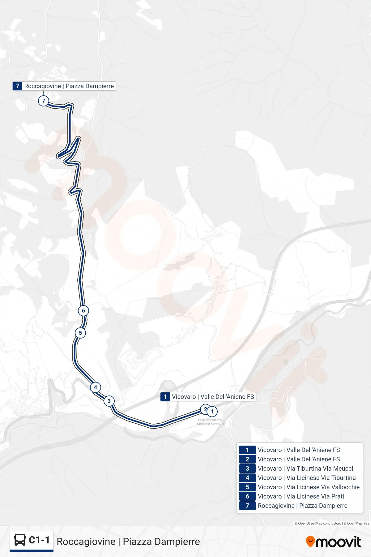 Linea C1-1 bus (Roccagiovine | Piazza Dampierre) - Percorsi e fermate sulla mappa