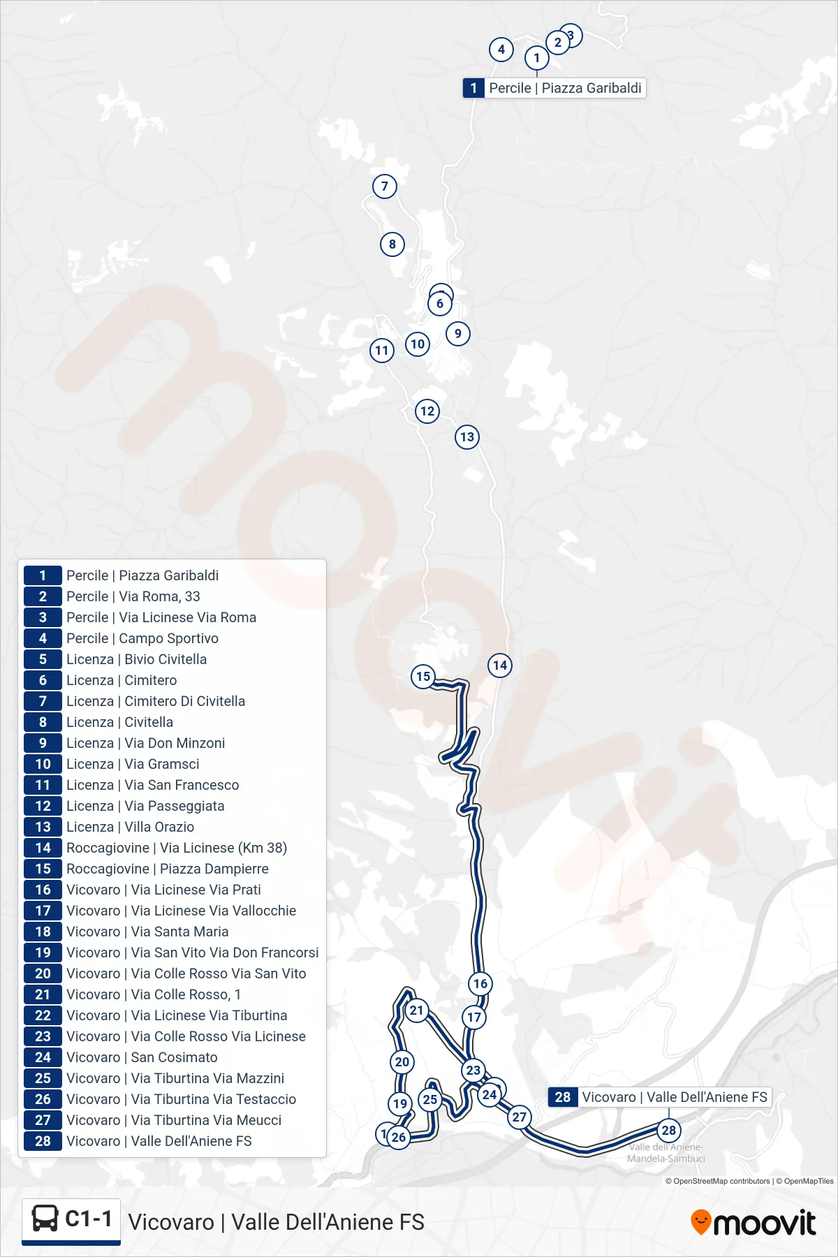 Linea C1-1 bus (Vicovaro | Valle Dell'Aniene FS) - Percorsi e fermate sulla mappa