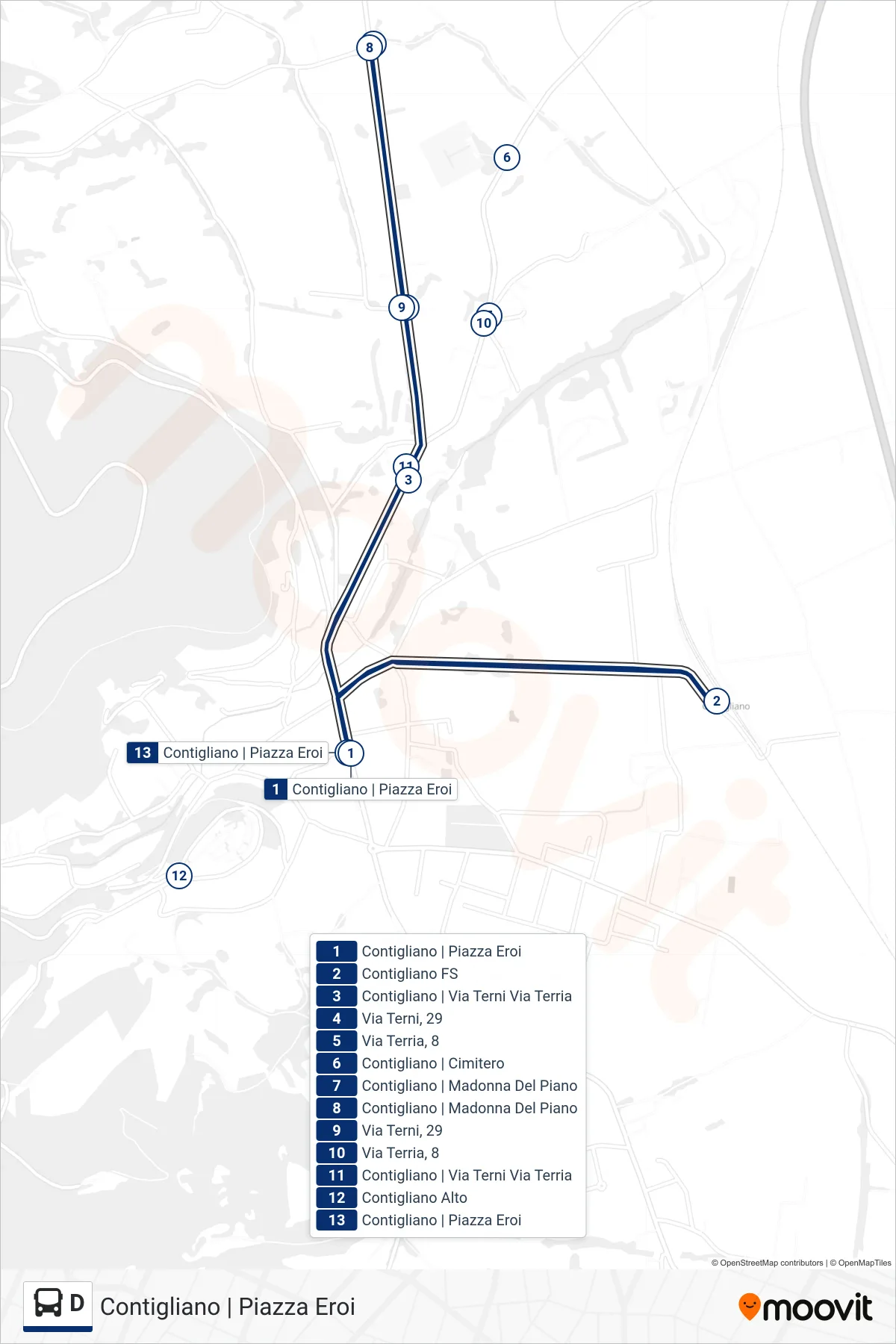 Linea D bus (Contigliano | Piazza Eroi) - Percorsi e fermate sulla mappa