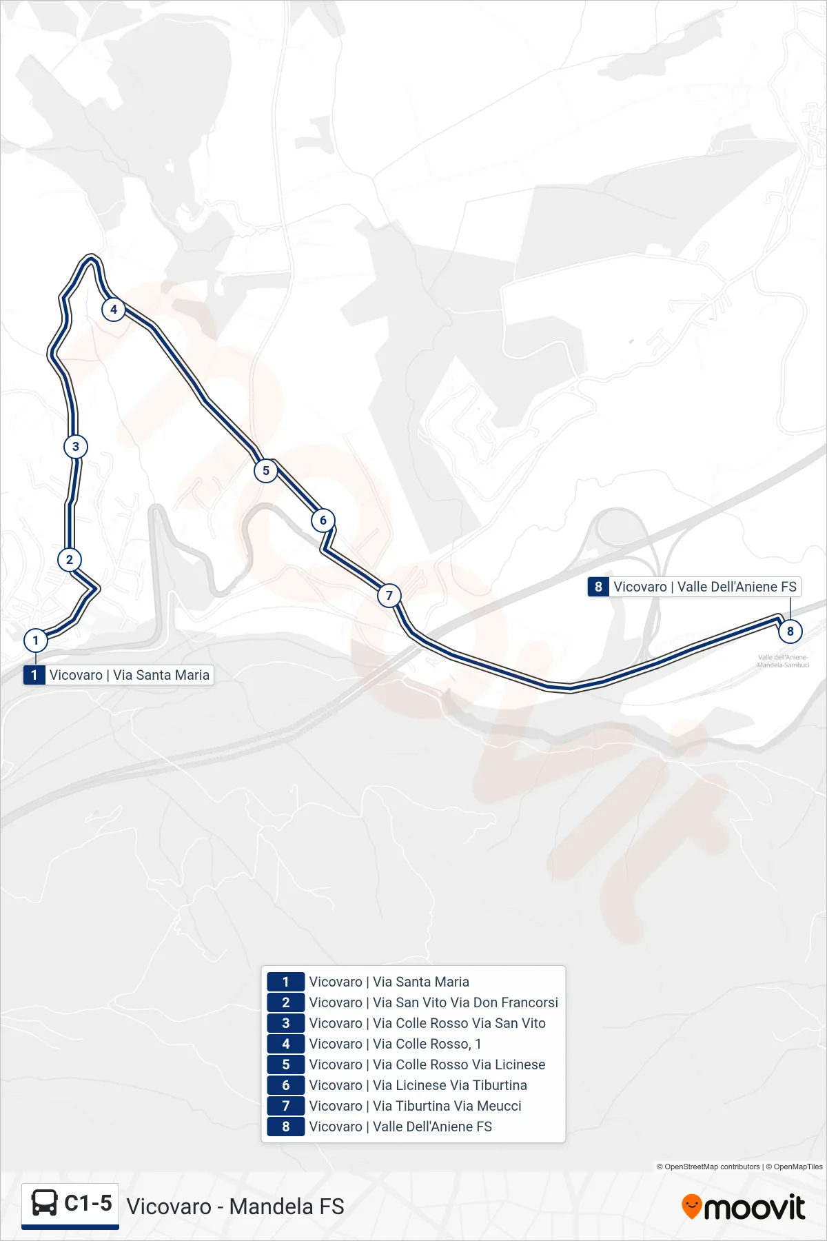 Linea C1-5 bus (Vicovaro | Valle Dell'Aniene FS) - Percorsi e fermate sulla mappa