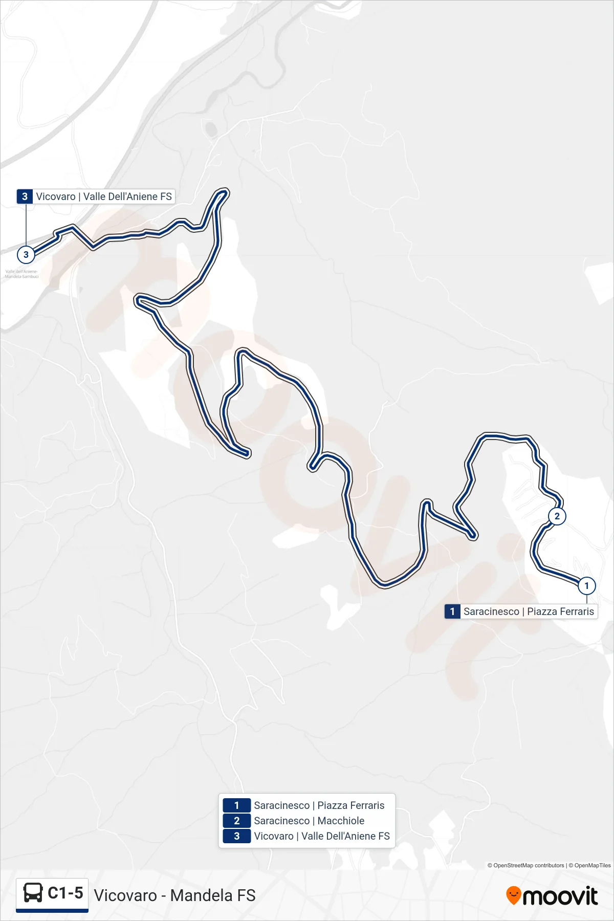 Linea C1-5 bus (Vicovaro | Valle Dell'Aniene FS) - Percorsi e fermate sulla mappa