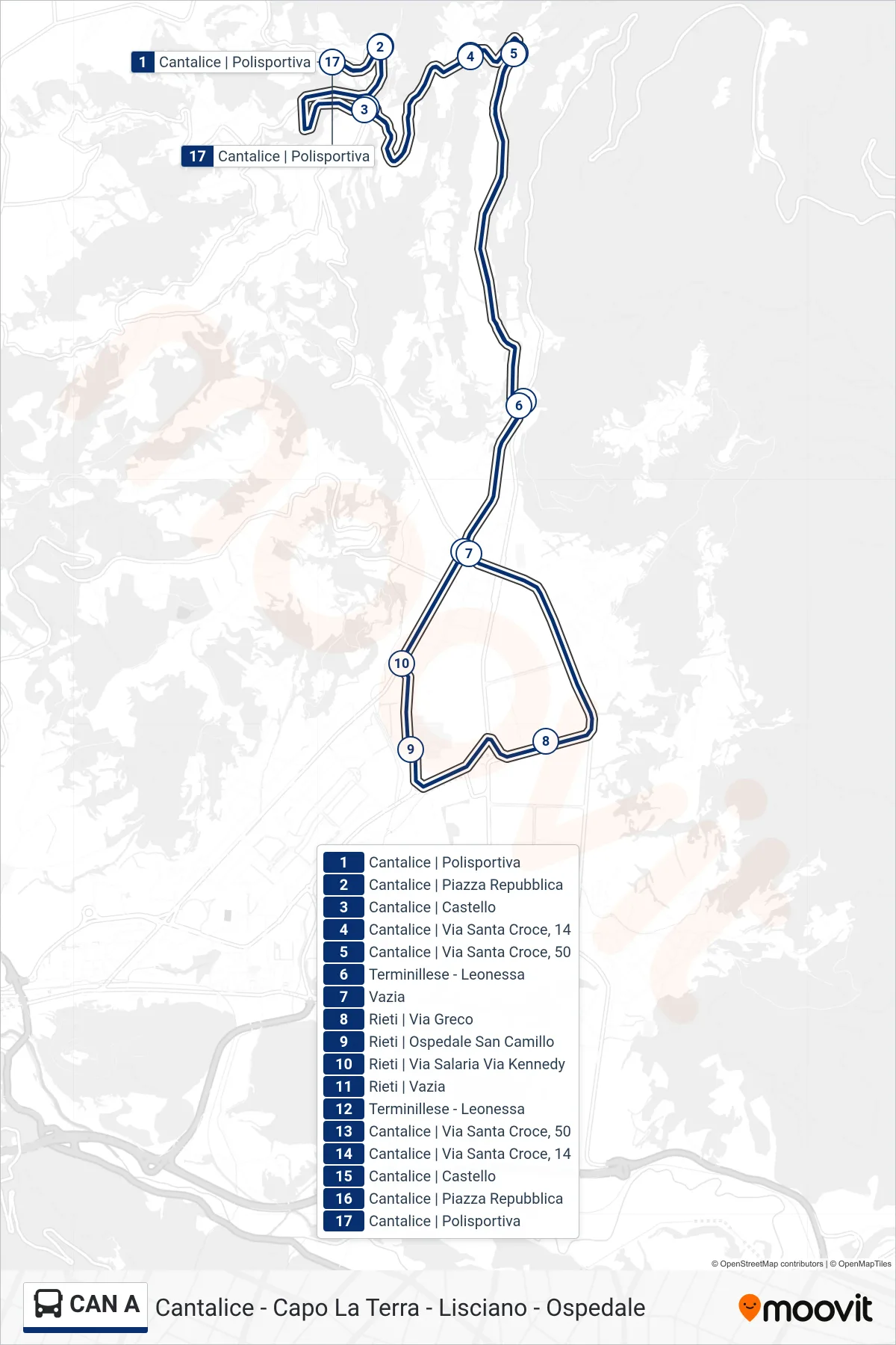 Linea CAN A bus (Cantalice | Polisportiva) - Percorsi e fermate sulla mappa