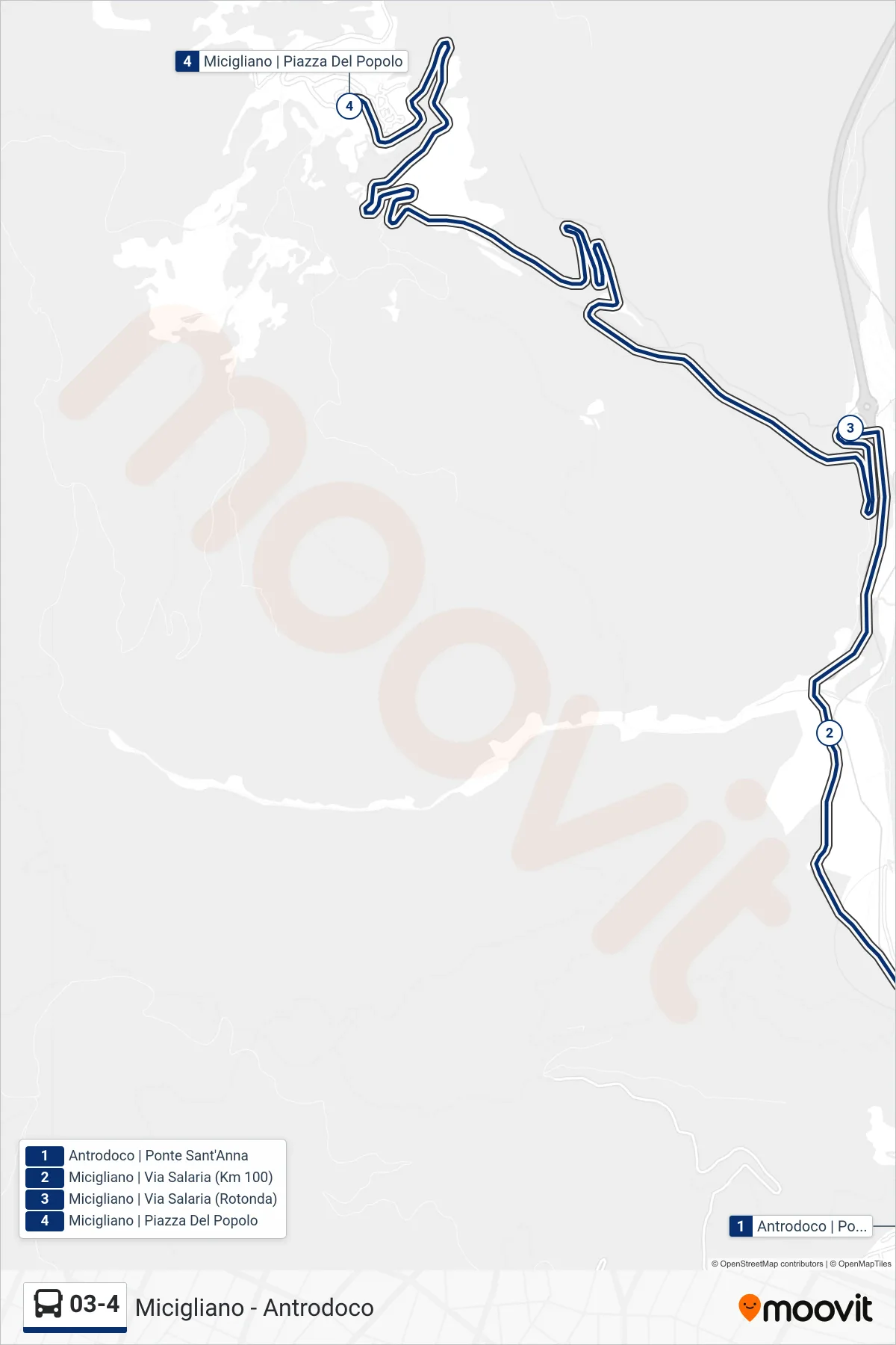 Linea 03-4 bus (Micigliano | Piazza Del Popolo) - Percorsi e fermate sulla mappa