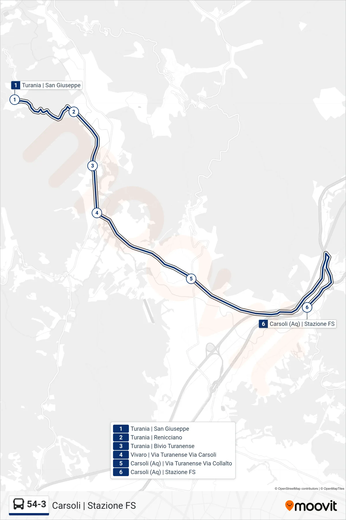 Linea 54-3 bus (Carsoli | Stazione FS) - Percorsi e fermate sulla mappa
