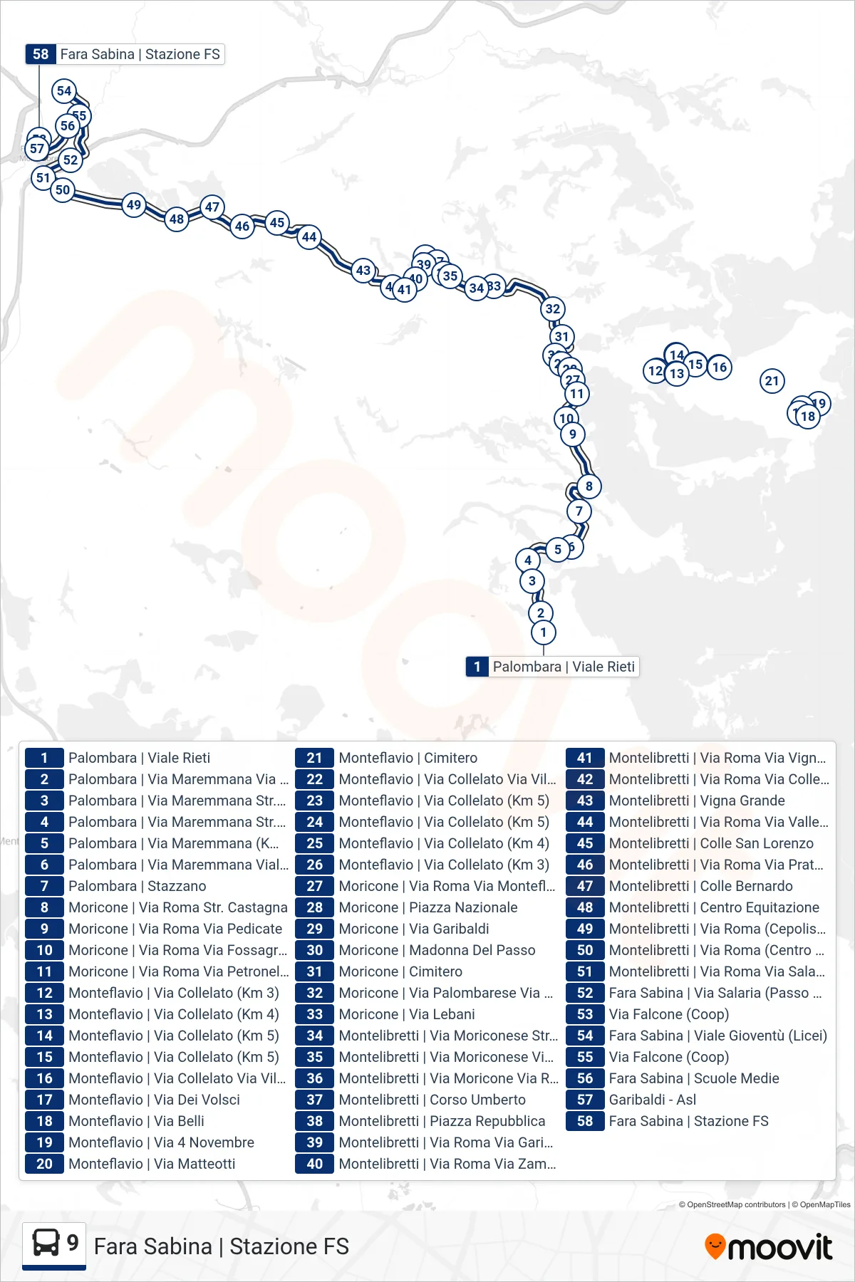 Linea 9 bus (Fara Sabina | Stazione FS) - Percorsi e fermate sulla mappa