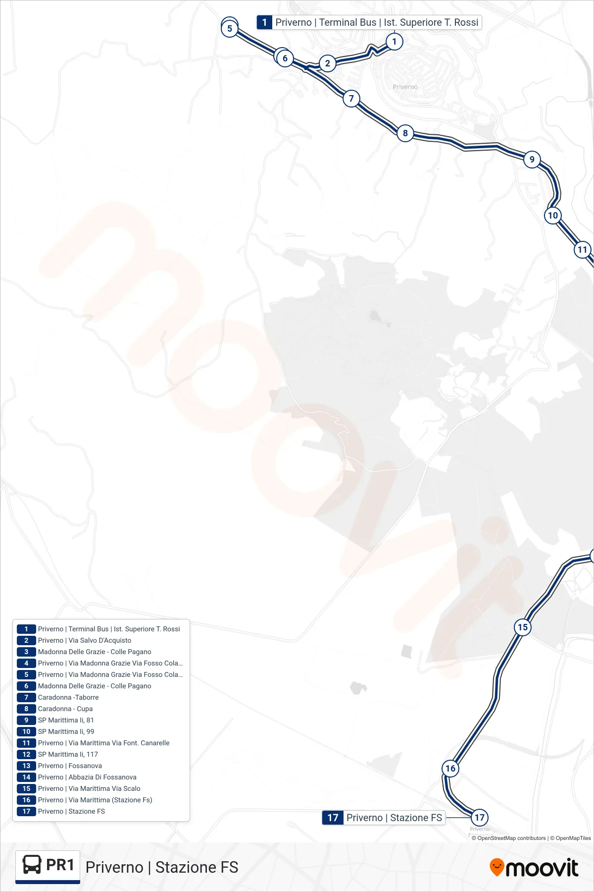 Linea PR1 bus (Priverno | Stazione FS) - Percorsi e fermate sulla mappa