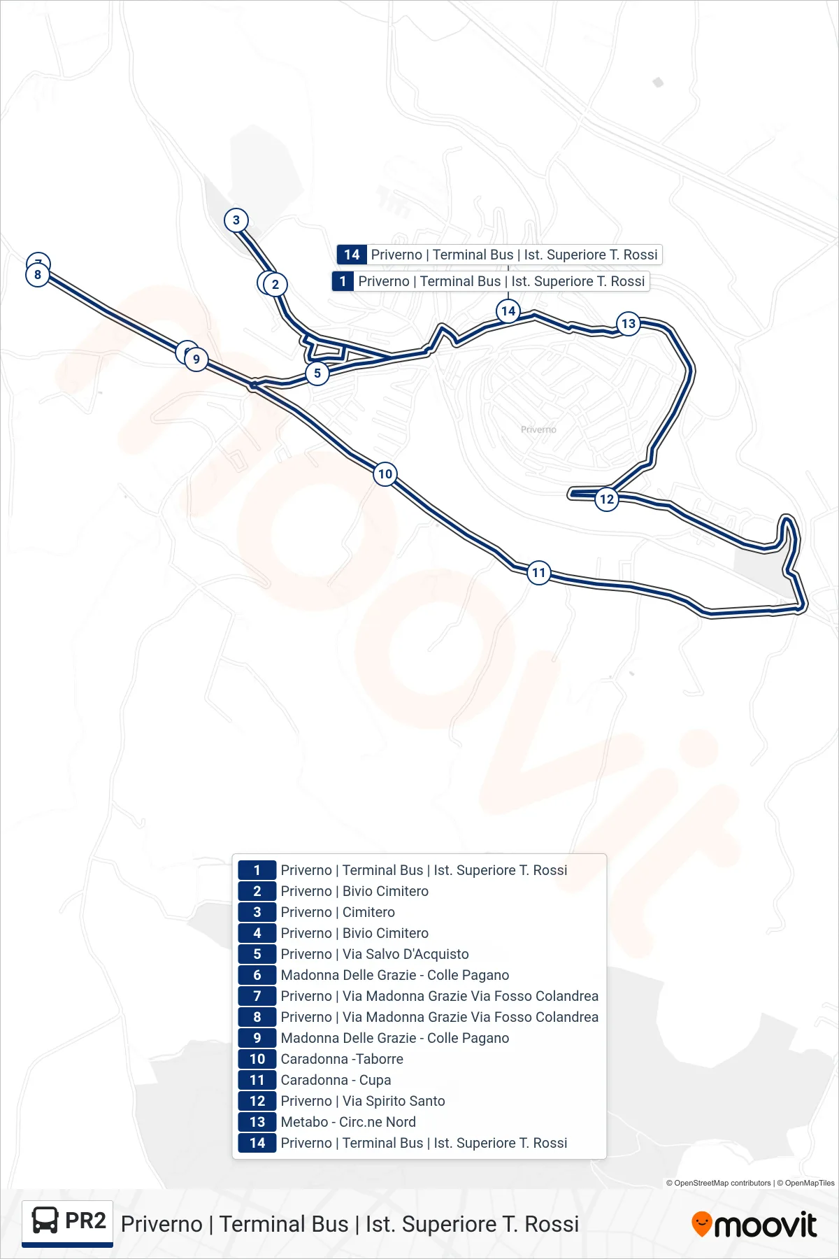Linea PR2 bus (Priverno | Terminal Bus | Ist. Superiore T. Rossi) - Percorsi e fermate sulla mappa