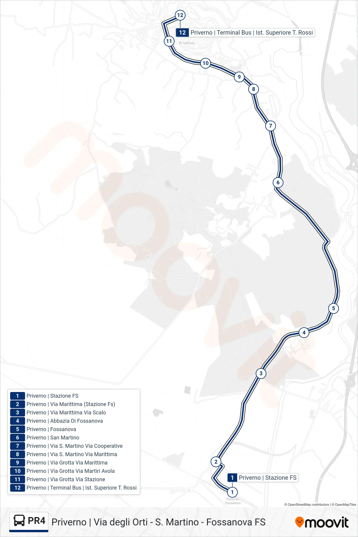 Linea PR4 bus (Priverno | Terminal Bus | Ist. Superiore T. Rossi) - Percorsi e fermate sulla mappa