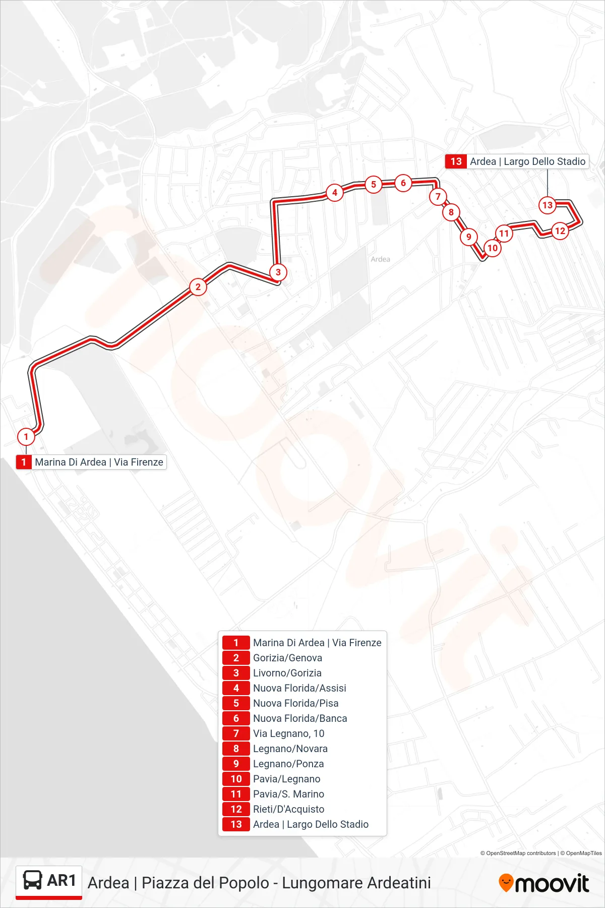 Linea AR1 bus (Ardea | Piazza Del Popolo) - Percorsi e fermate sulla mappa