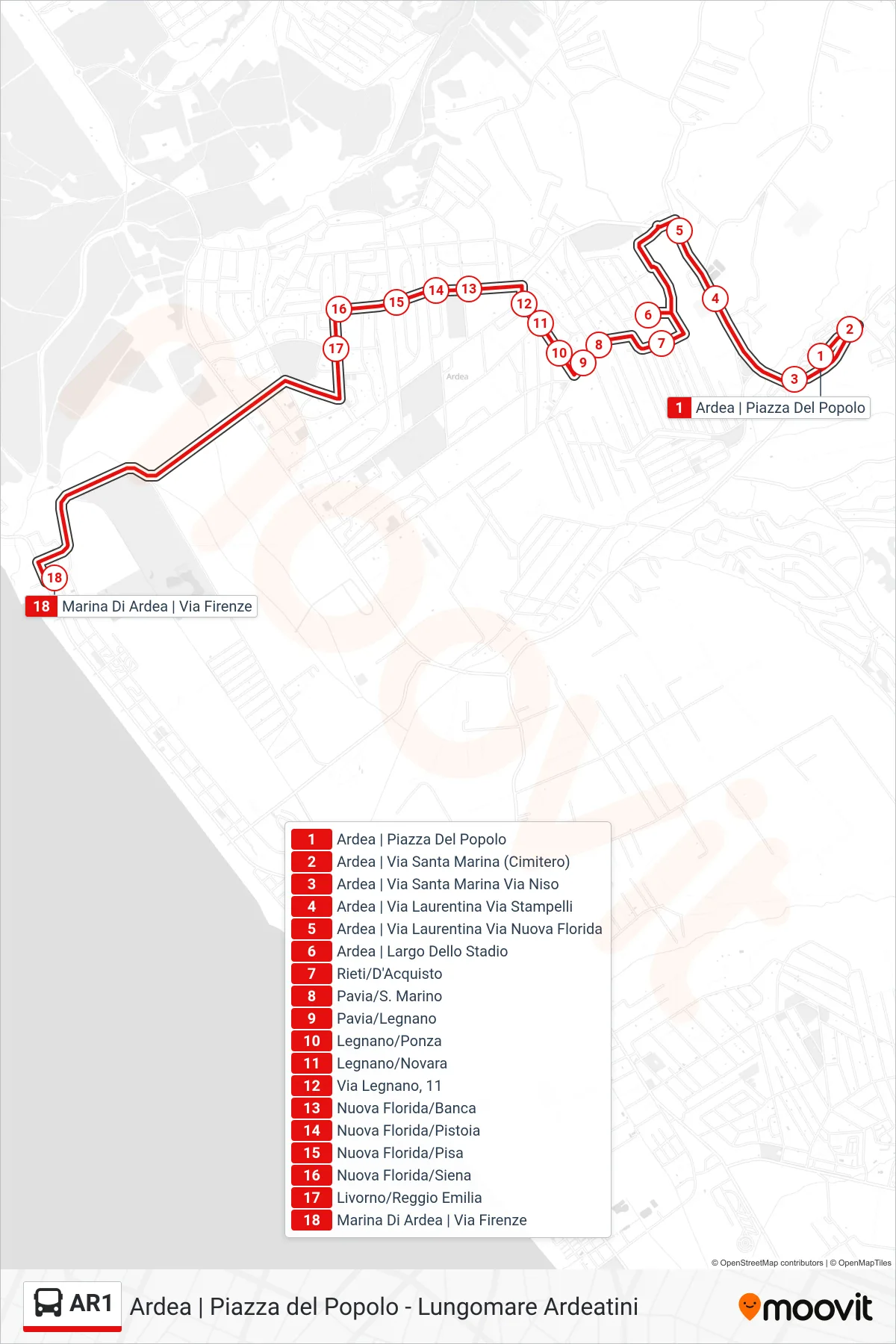 Linea AR1 bus (Marina Di Ardea | Via Firenze) - Percorsi e fermate sulla mappa