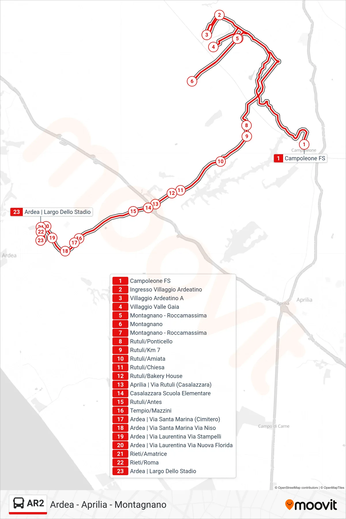Linea AR2 bus (Ardea | Largo Dello Stadio) - Percorsi e fermate sulla mappa