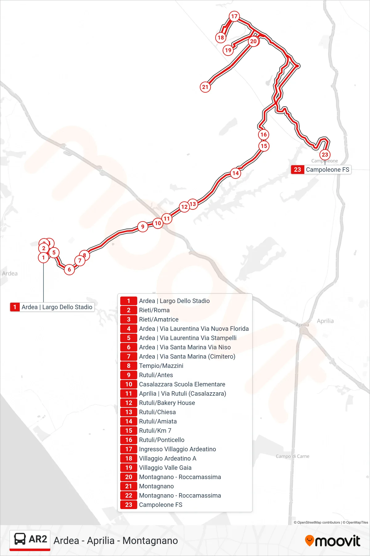 Linea AR2 bus (Campoleone FS) - Percorsi e fermate sulla mappa