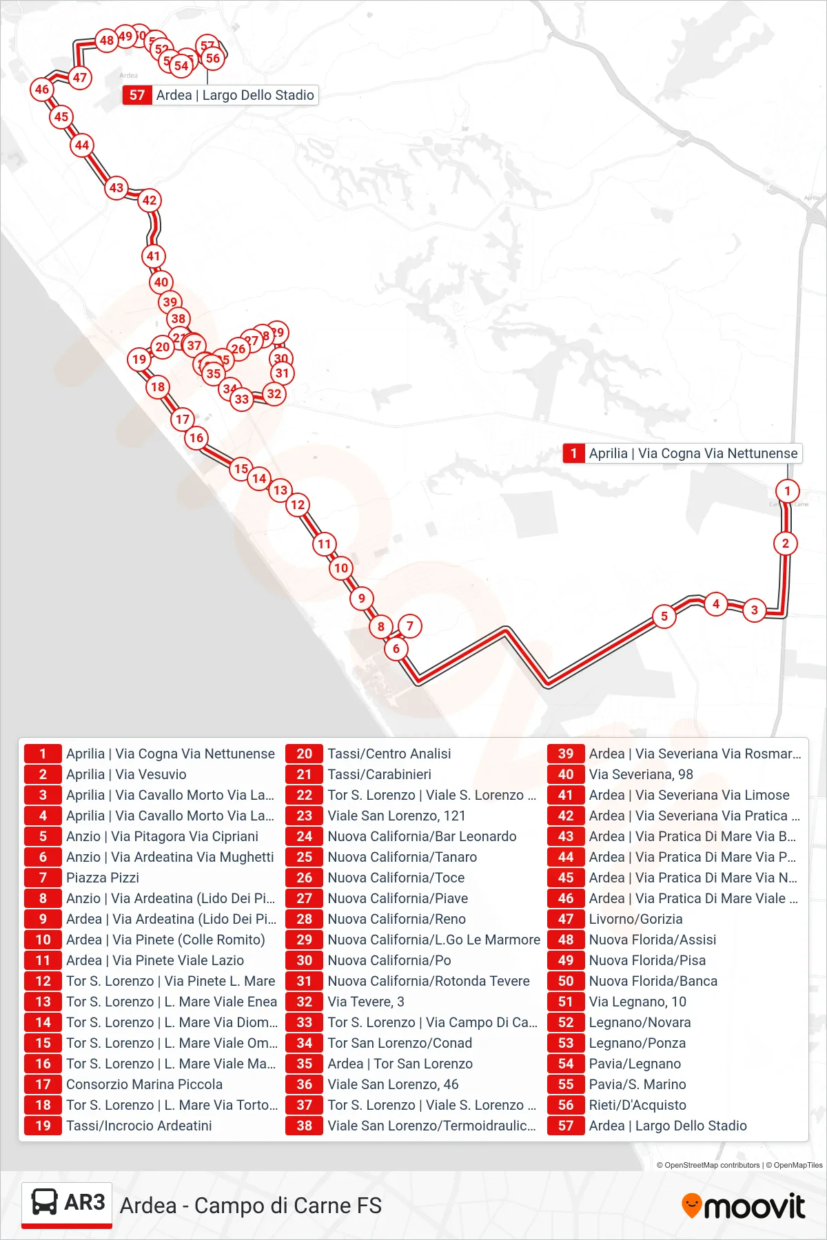 Linea AR3 bus (Ardea | Largo Dello Stadio) - Percorsi e fermate sulla mappa