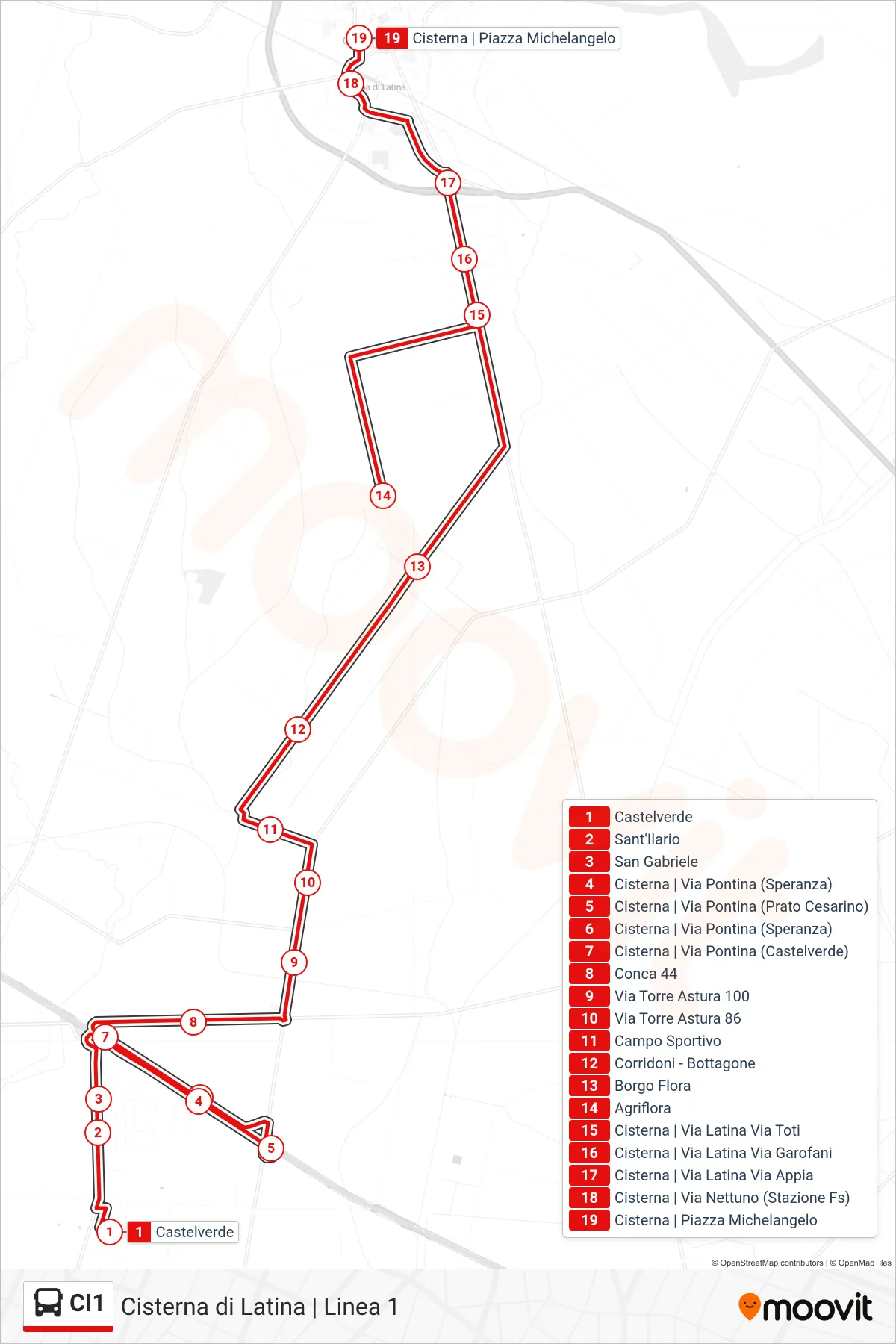 Linea CI1 bus (Cisterna | Piazza Michelangelo) - Percorsi e fermate sulla mappa