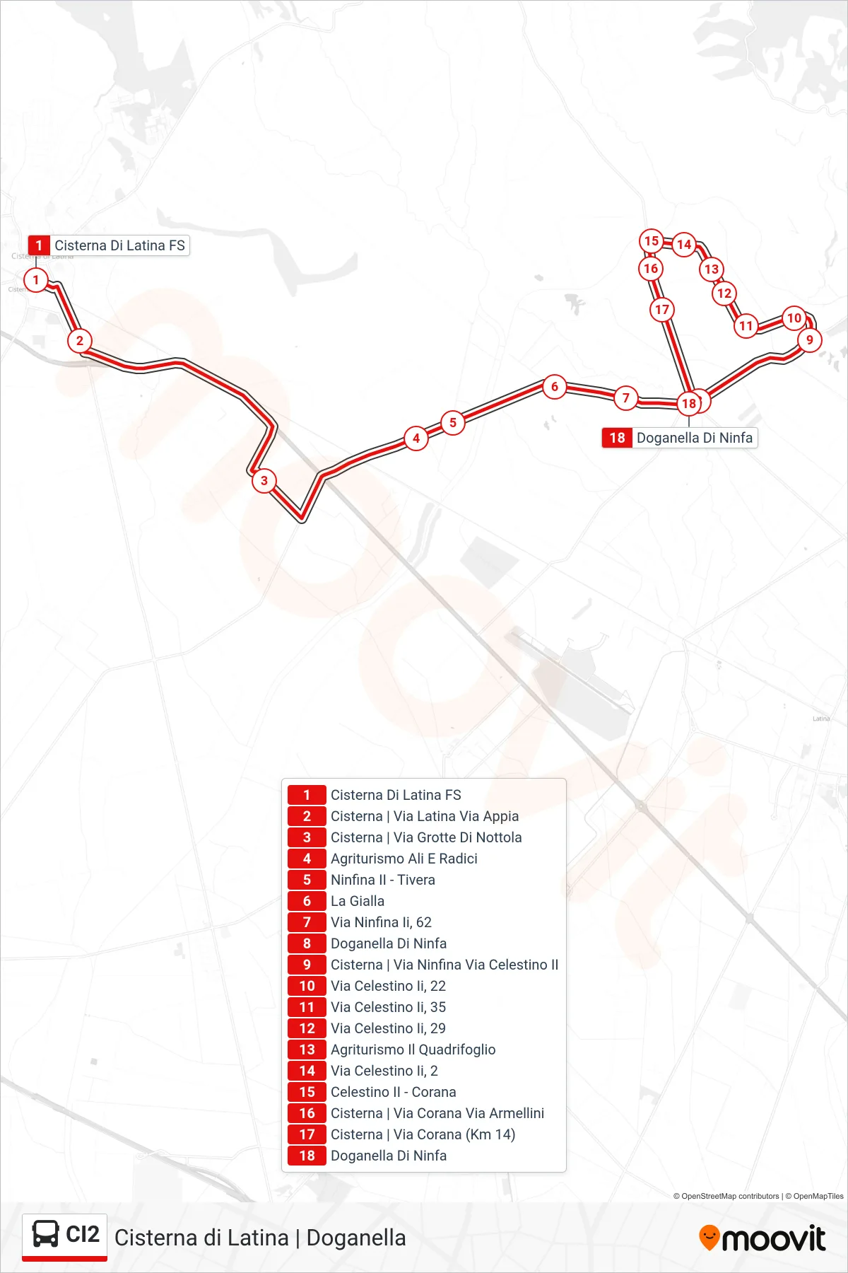 Linea CI2 bus (Doganella di Ninfa) - Percorsi e fermate sulla mappa